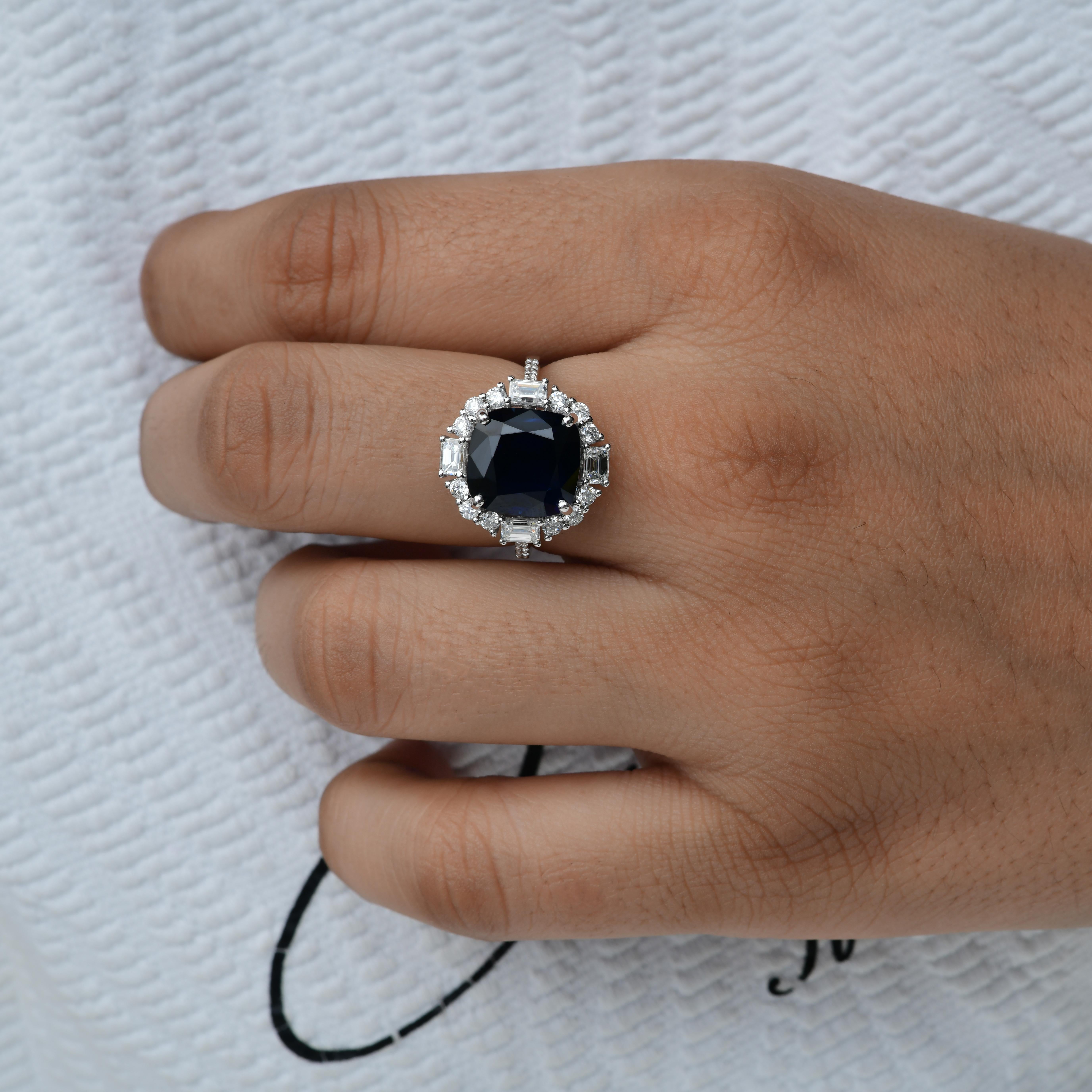 Cushion Cut 6.6 Carat Blue Sapphire Cocktail Ring 1 Carat SI/H Diamond 18 Karat White Gold For Sale