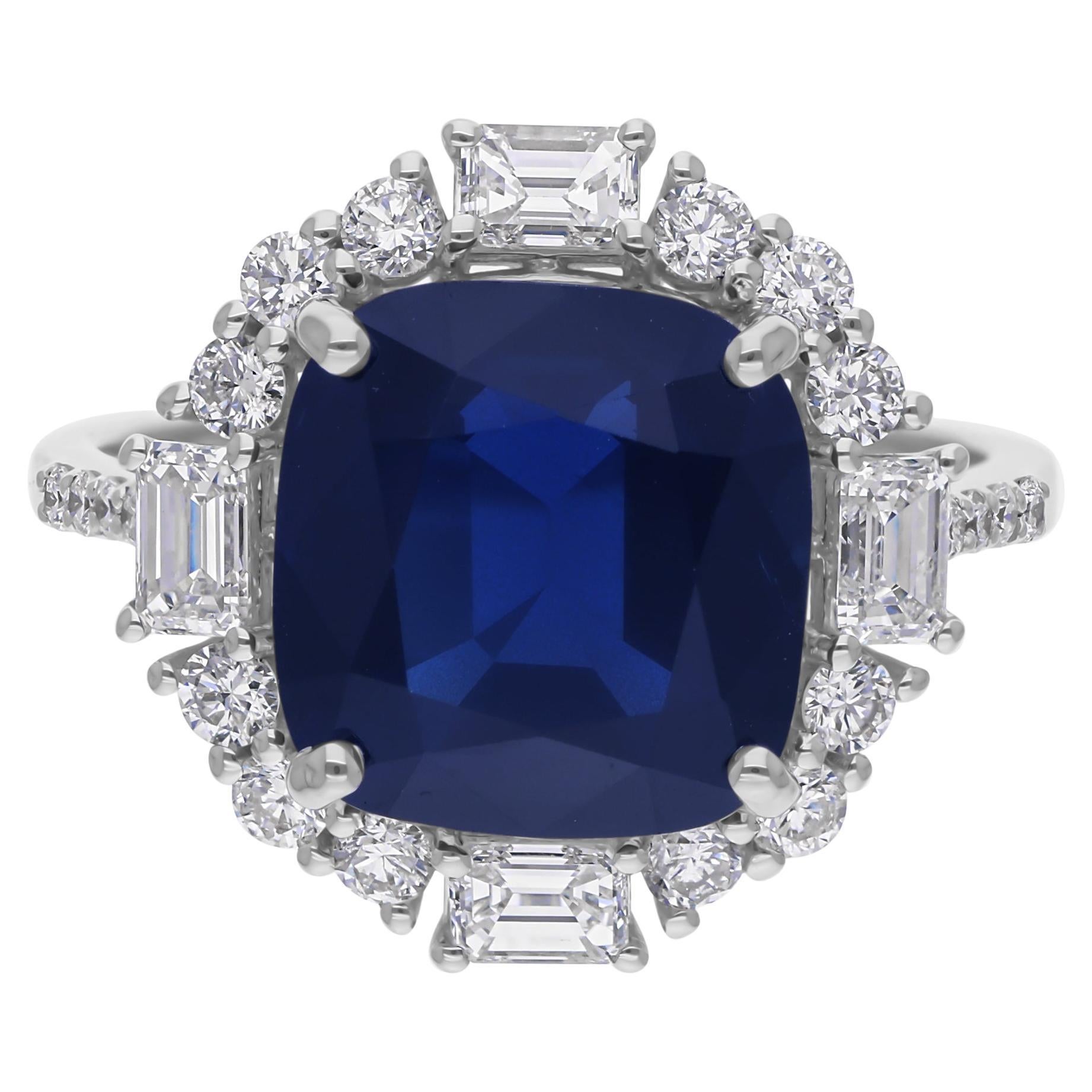 6.6 Carat Blue Sapphire Cocktail Ring 1 Carat SI/H Diamond 18 Karat White Gold For Sale