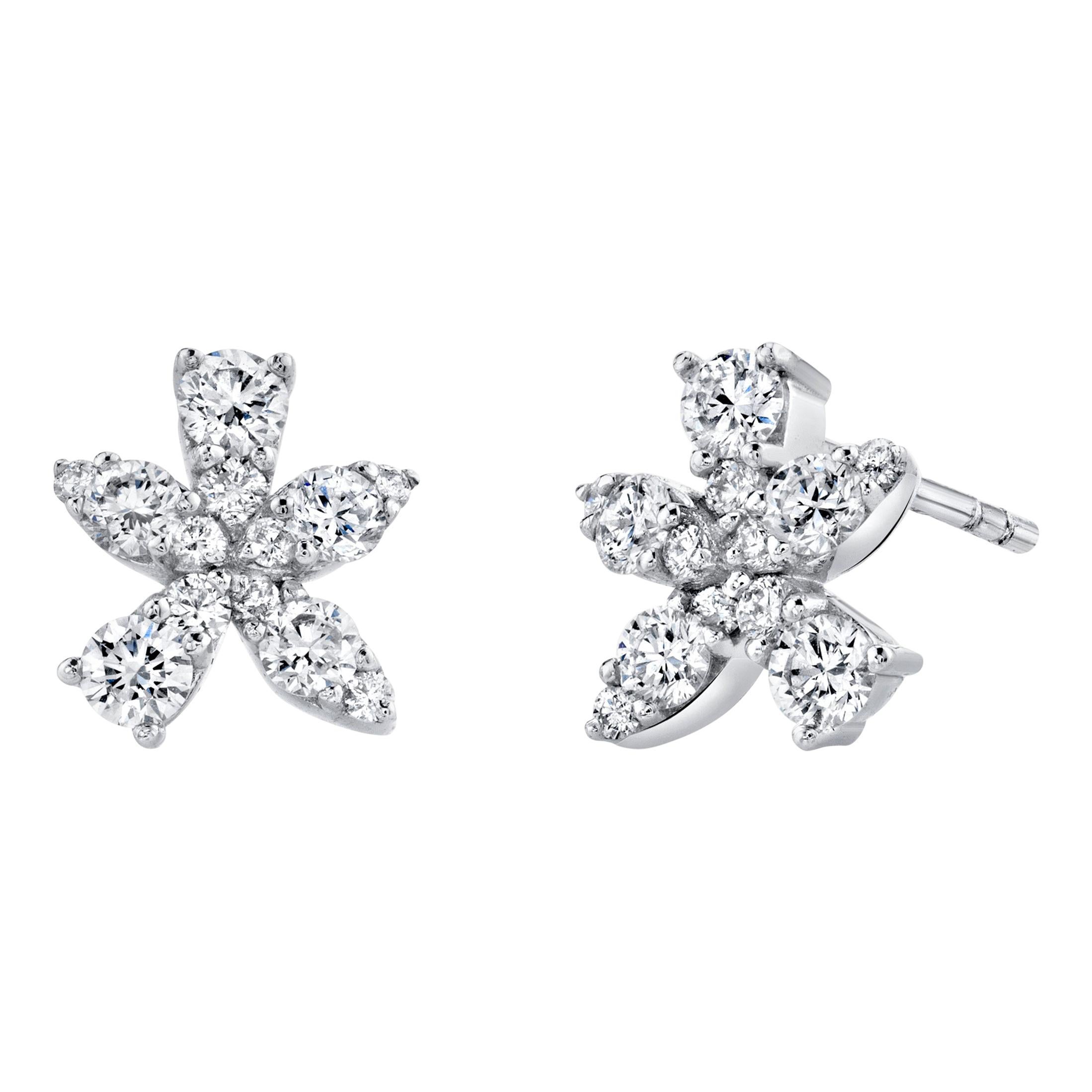 .66 Carat Total Diamond 18k White Gold Flower Starburst Stud Post Earrings