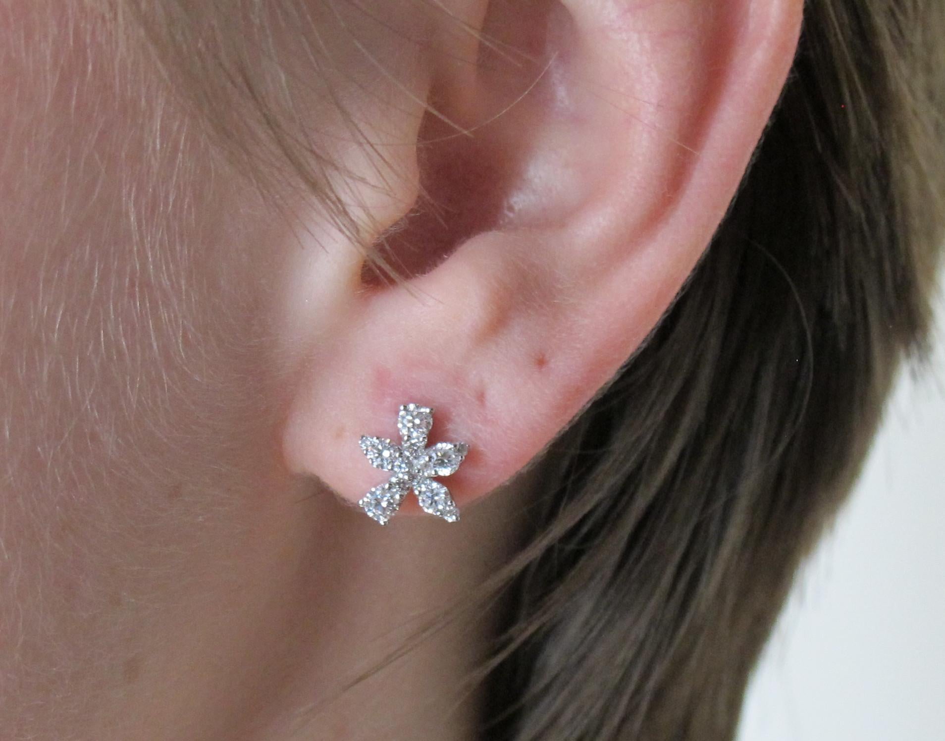 .66 Carat Total Diamond 18k White Gold Flower Starburst Stud Post Earrings 2