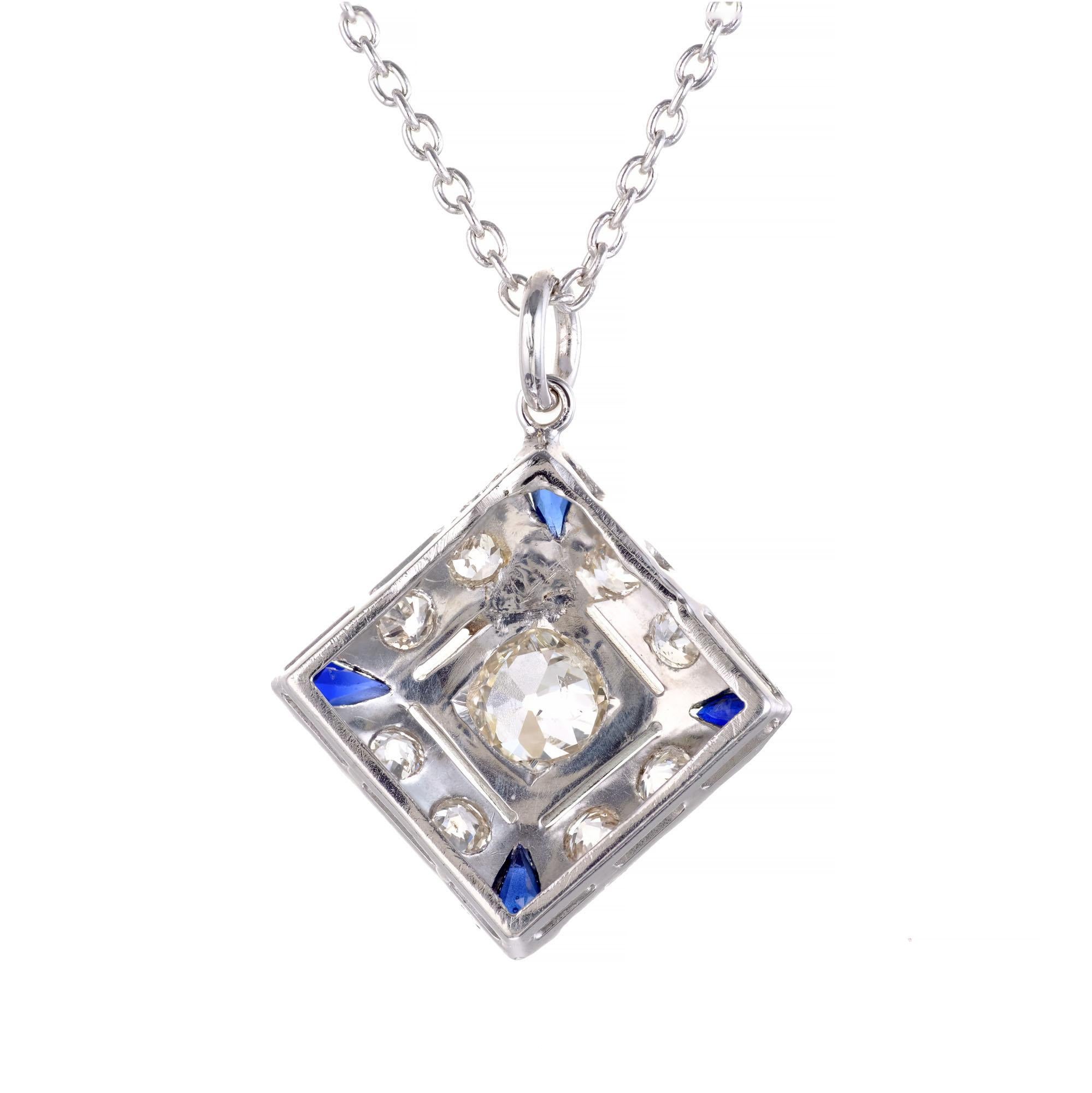 .66 Karat Diamant Blauer Saphir Platin Anhänger Halskette (Alteuropäischer Brillantschliff) im Angebot