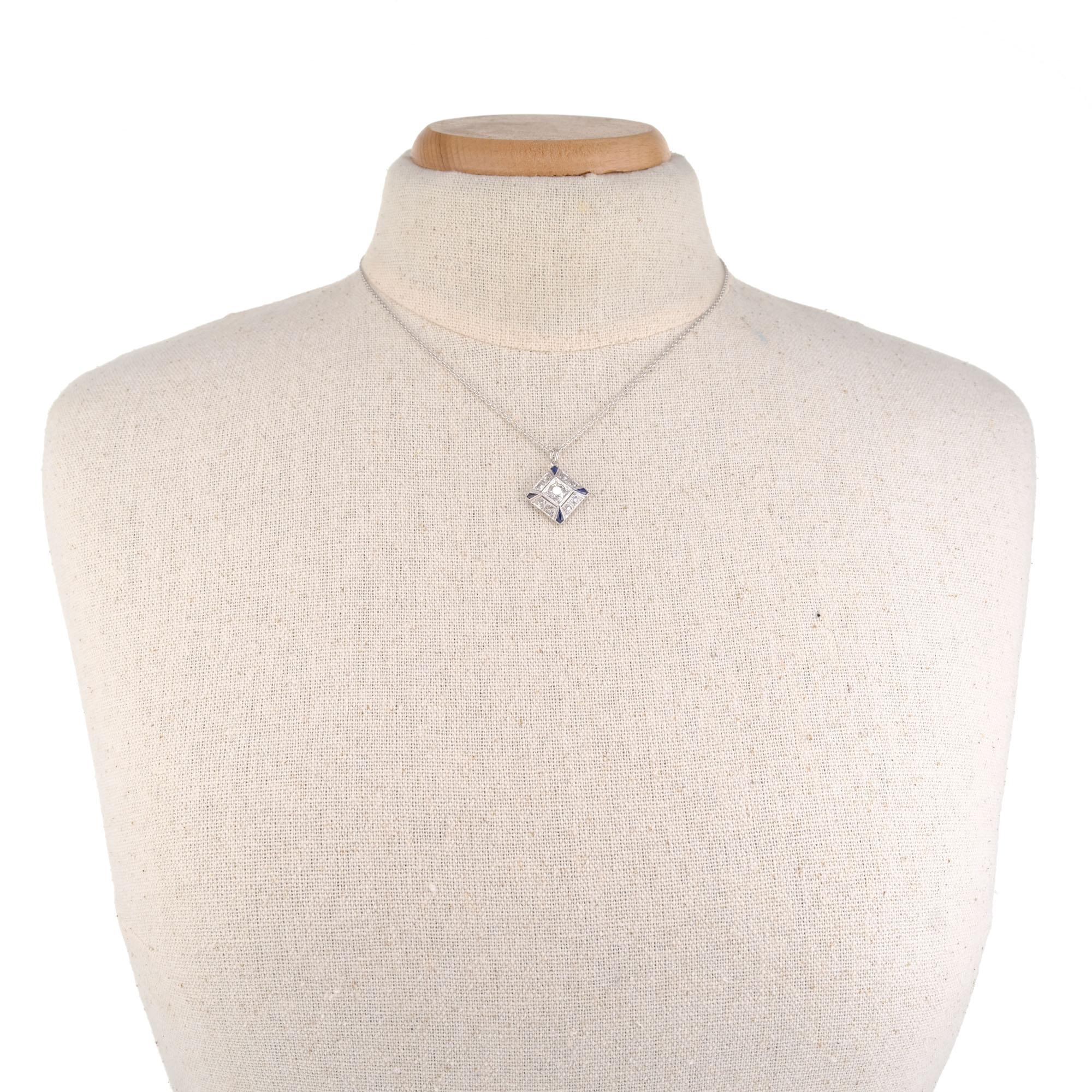 Old Mine Cut .66 Carat Diamond Blue Sapphire Platinum Pendant Necklace For Sale