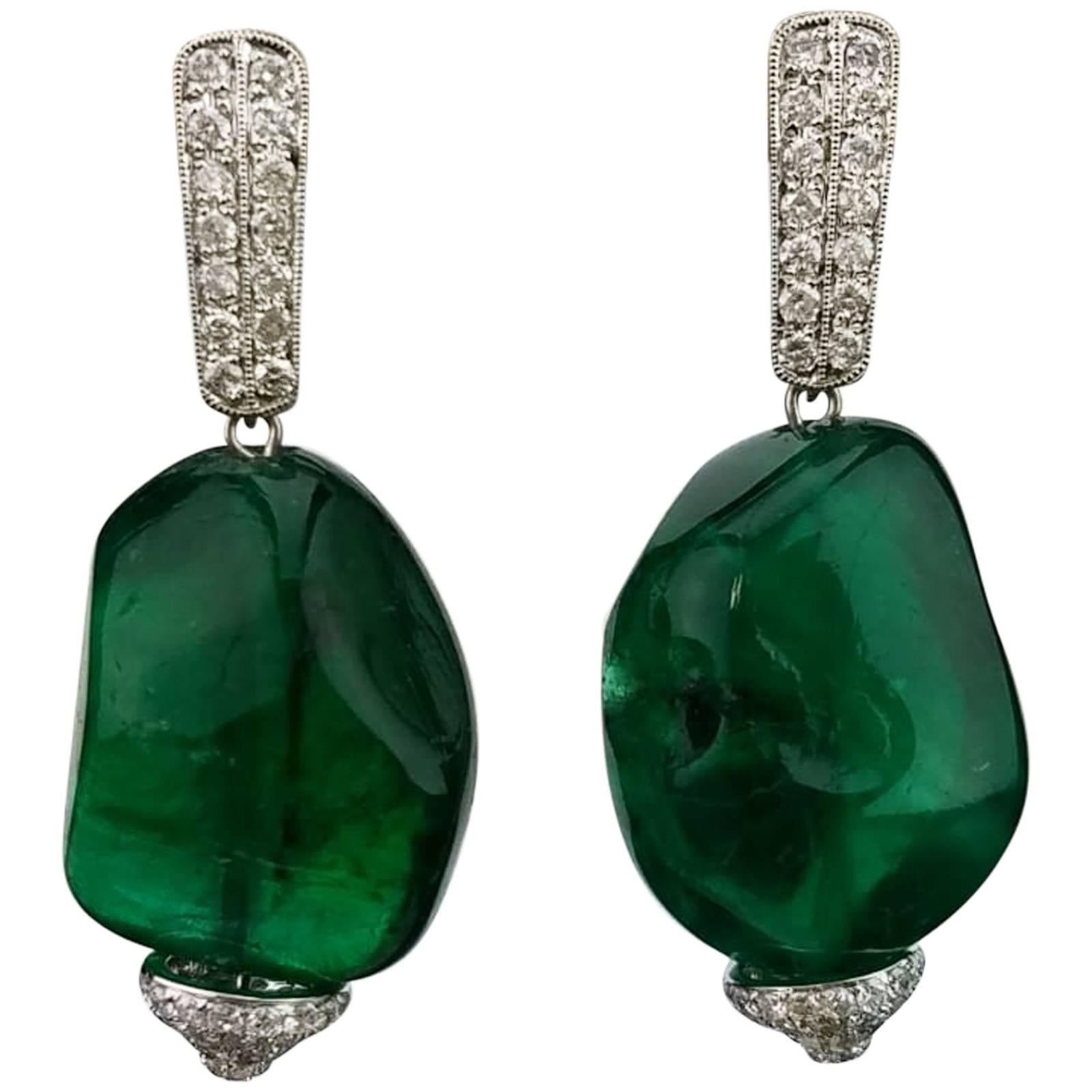 66 Carat Emerald Beads and Diamond Dangle Earrings