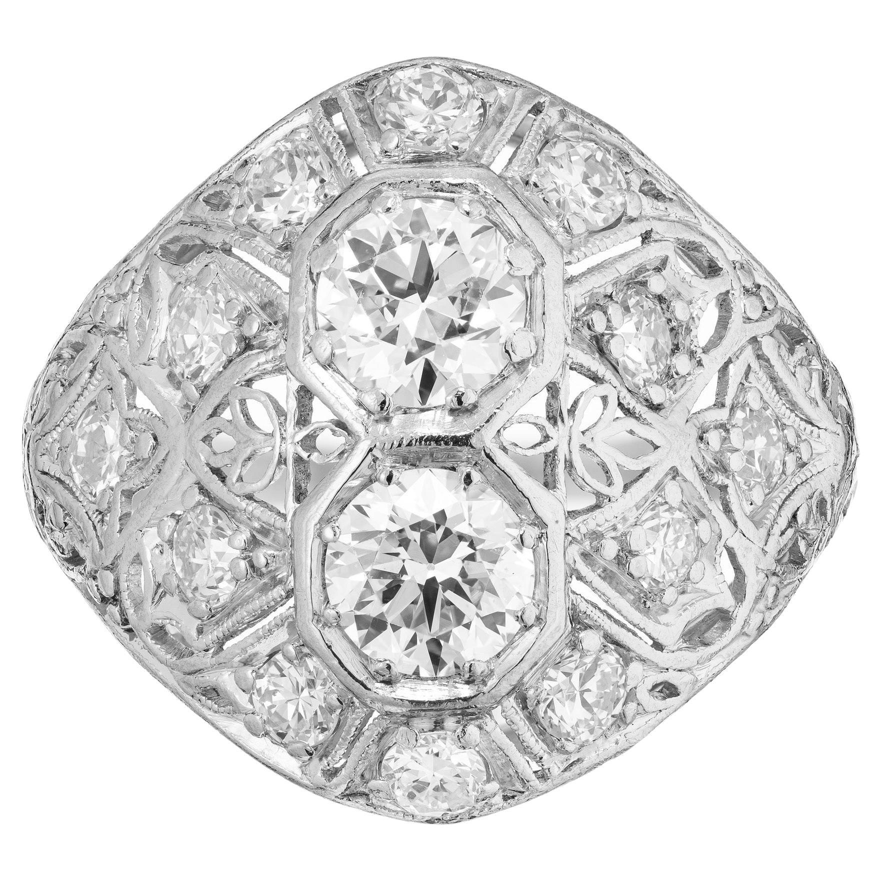 Anillo de cóctel de platino con cúpula de diamantes de talla europea antigua de 0,66 quilates Art Decó