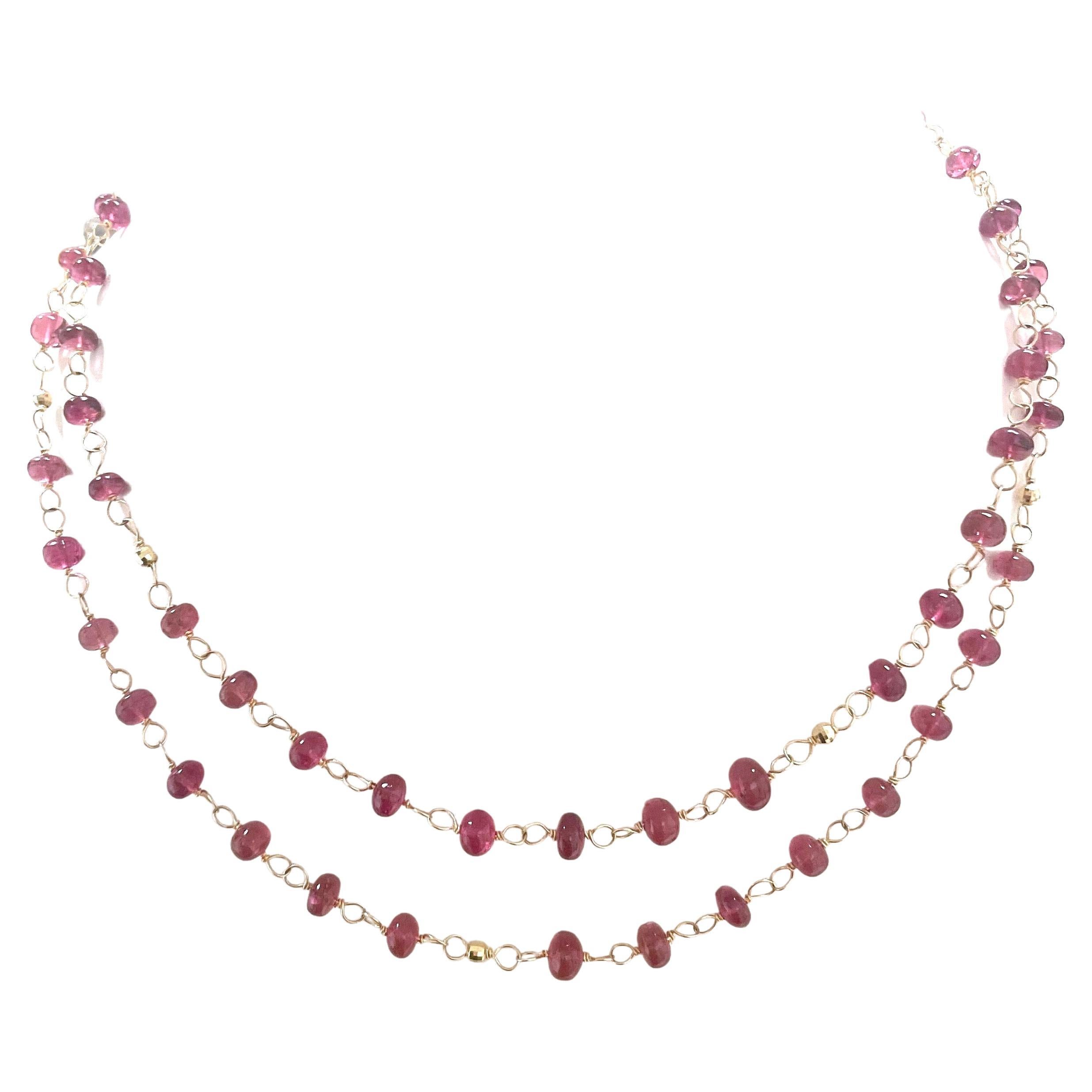 Description
The exceptional quality, clarity and color of every pink Tourmaline stone in the necklace elevates its beauty and creates a superb statement for the wearer. 
Necklace can be worn long or short if doubled.  Item # N3756

Materials and