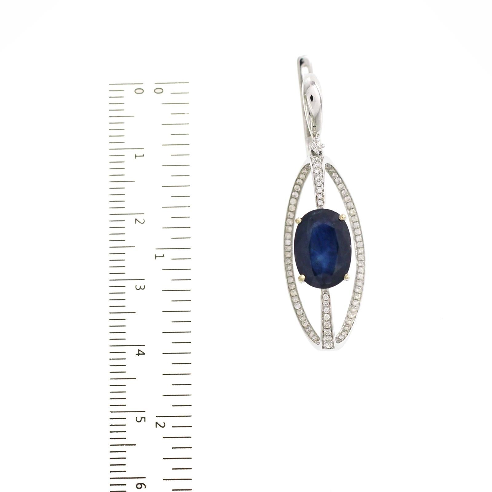 6.6 Ct Natural Thai Blue Sapphire 0.65 Ct Diamonds 14K White Gold Drop Earrings In New Condition For Sale In Los Angeles, CA