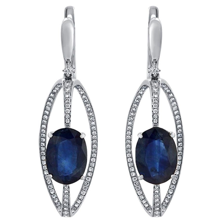 Boucles d'oreilles pendantes en or blanc 14 carats avec saphir bleu thaïlandais naturel de 6,6 carats et diamants de 0,65 carat