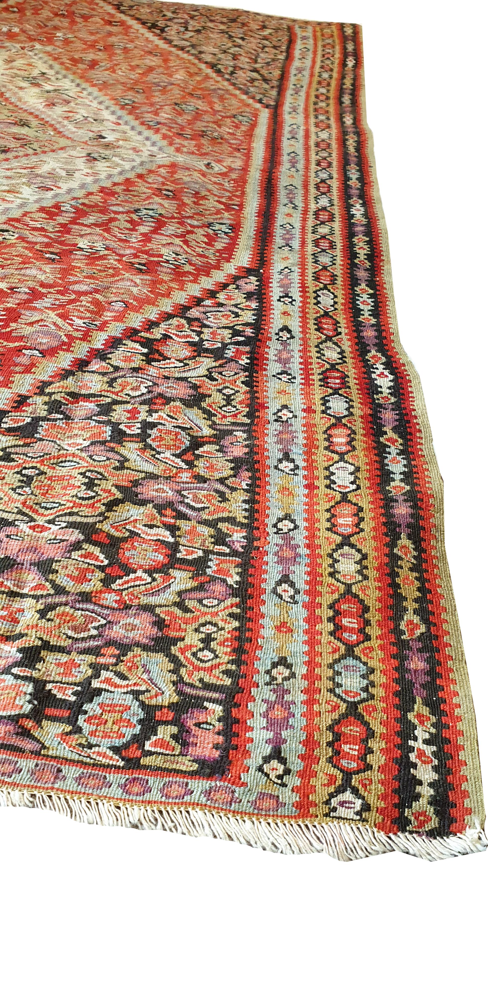 660 - beautiful late 19th century Kilim Senneh with decorative design and pretty natural colors with blue, green, gray, red, pink, completely handwoven with wool on cotton foundation.