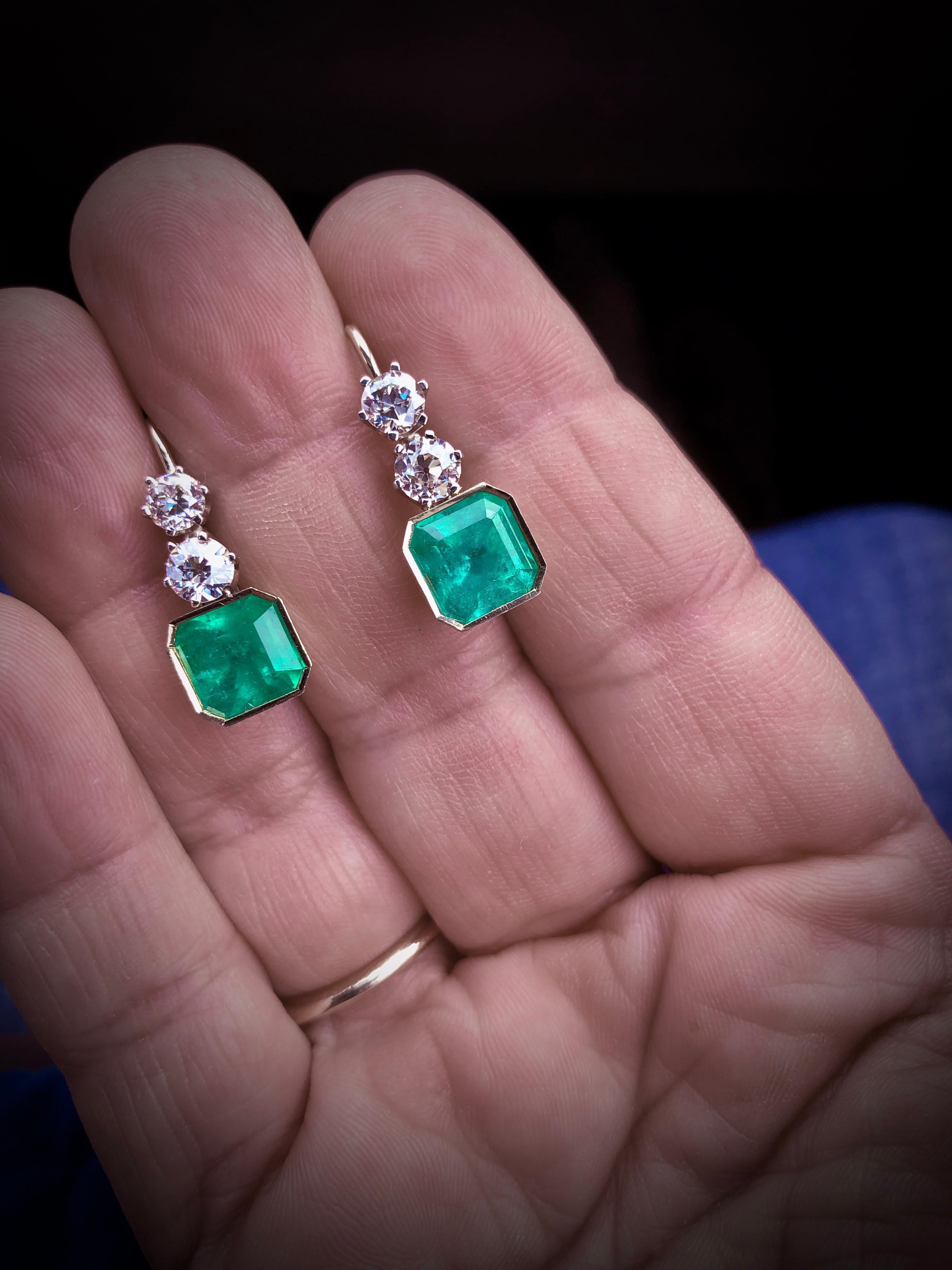 Emerald Cut 6.60 Carat Colombian Emerald and Old European Diamond Dangle Earrings