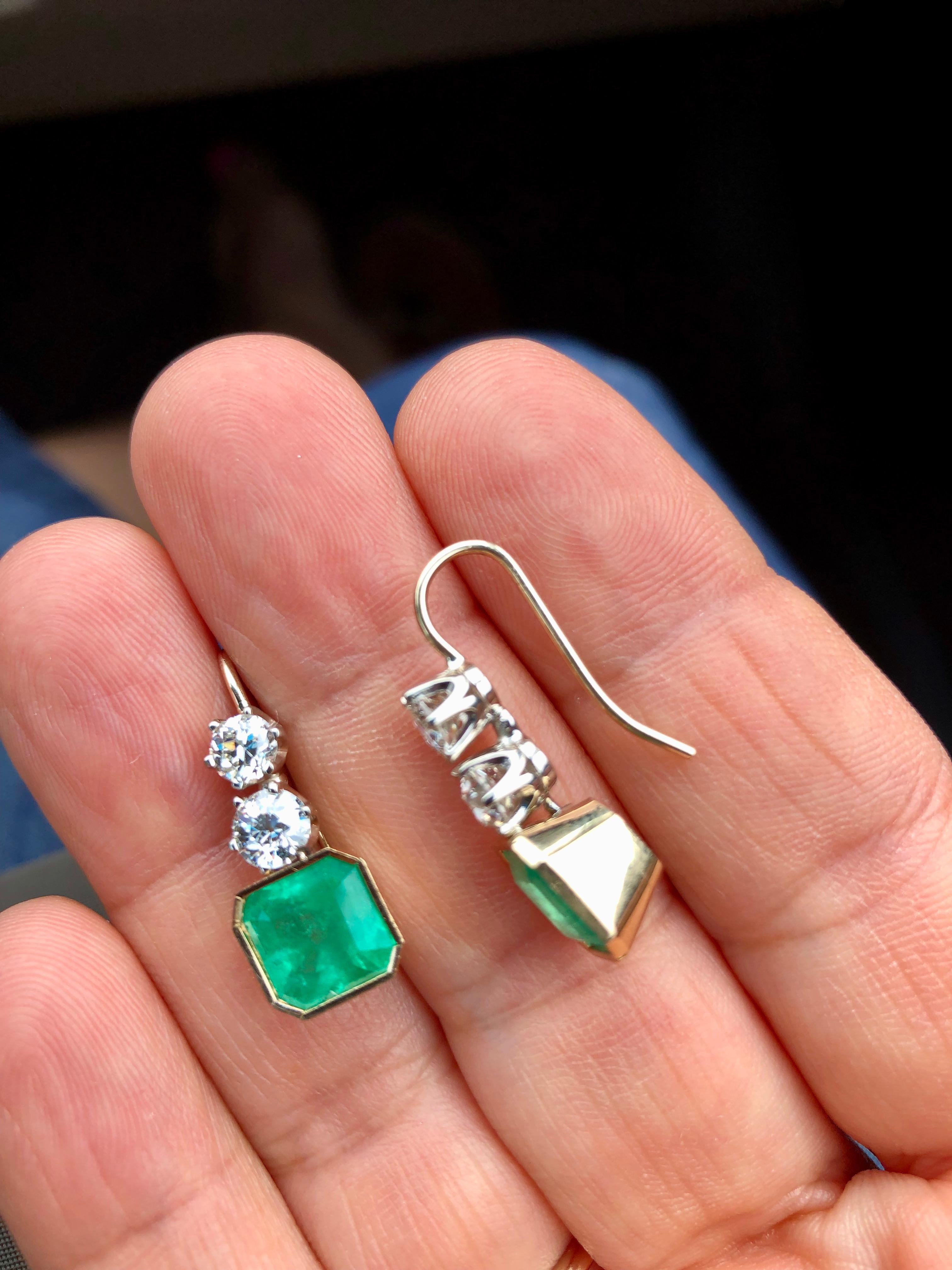 Women's 6.60 Carat Colombian Emerald and Old European Diamond Dangle Earrings