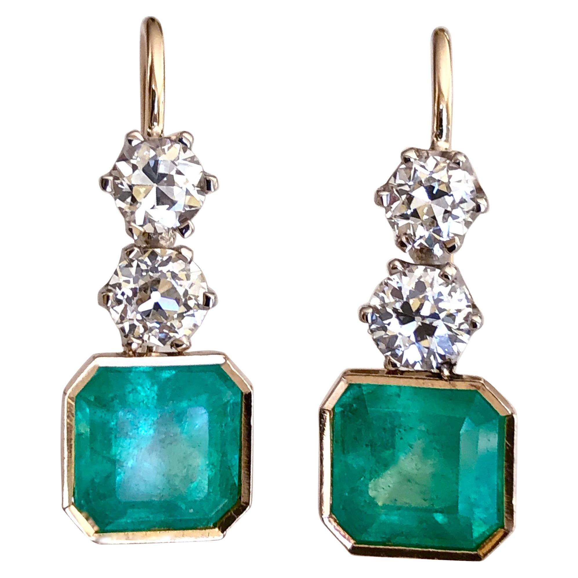 6.60 Carat Colombian Emerald and Old European Diamond Dangle Earrings