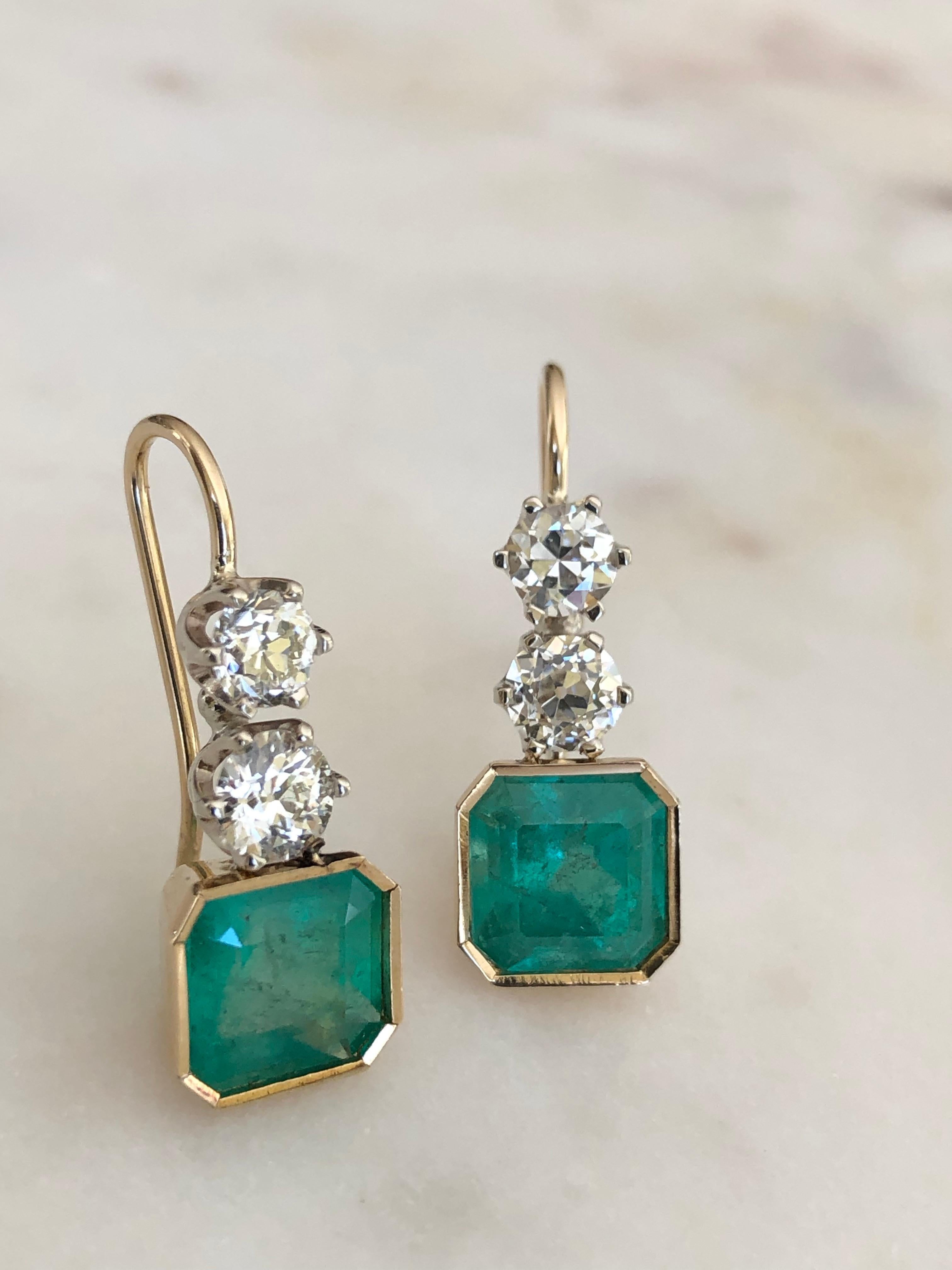 6.60 Carat Colombian Emerald and Old European Diamond Dangle Earrings 2