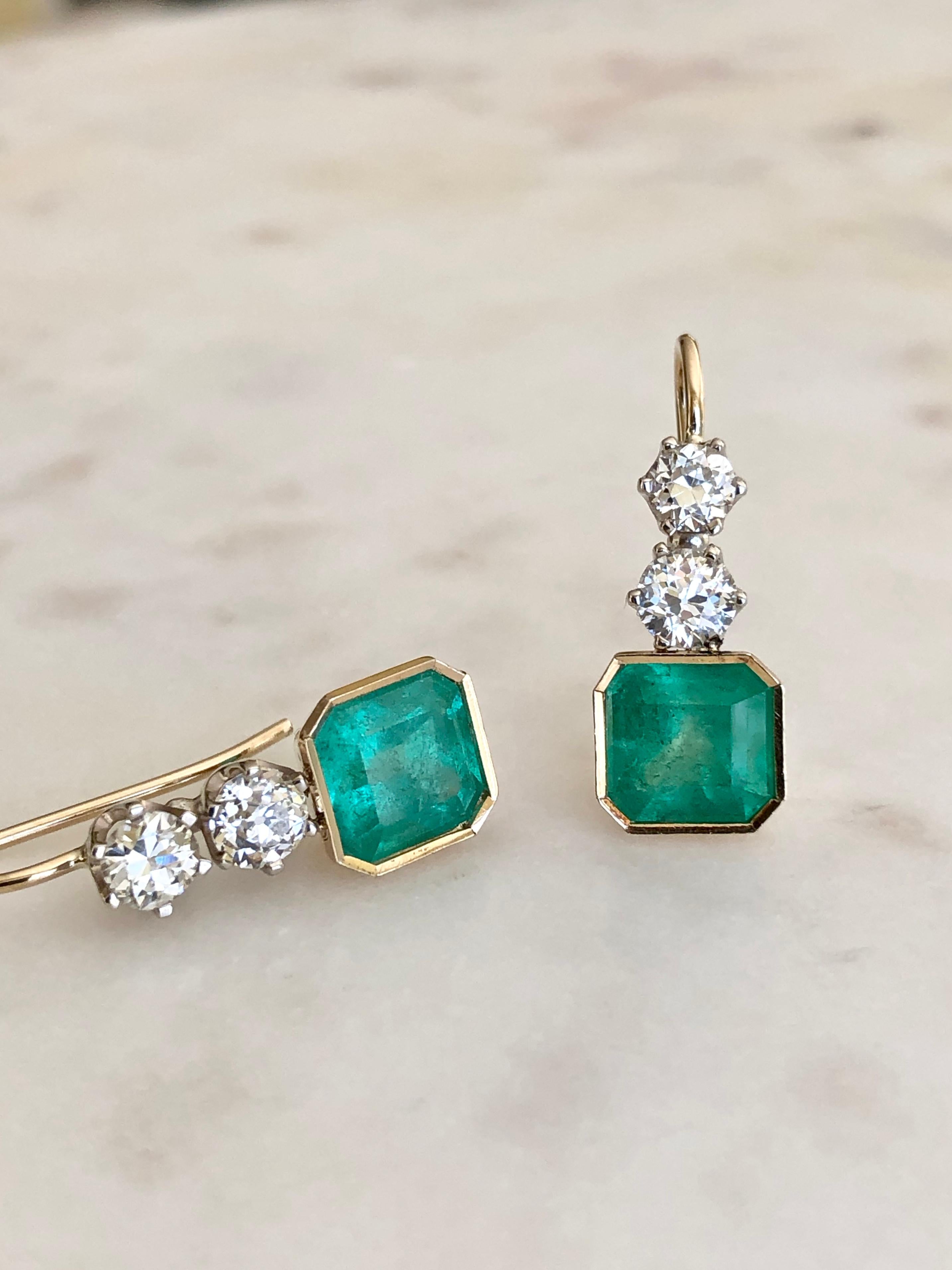 6.60 Carat Colombian Emerald and Old European Diamond Dangle Earrings 5