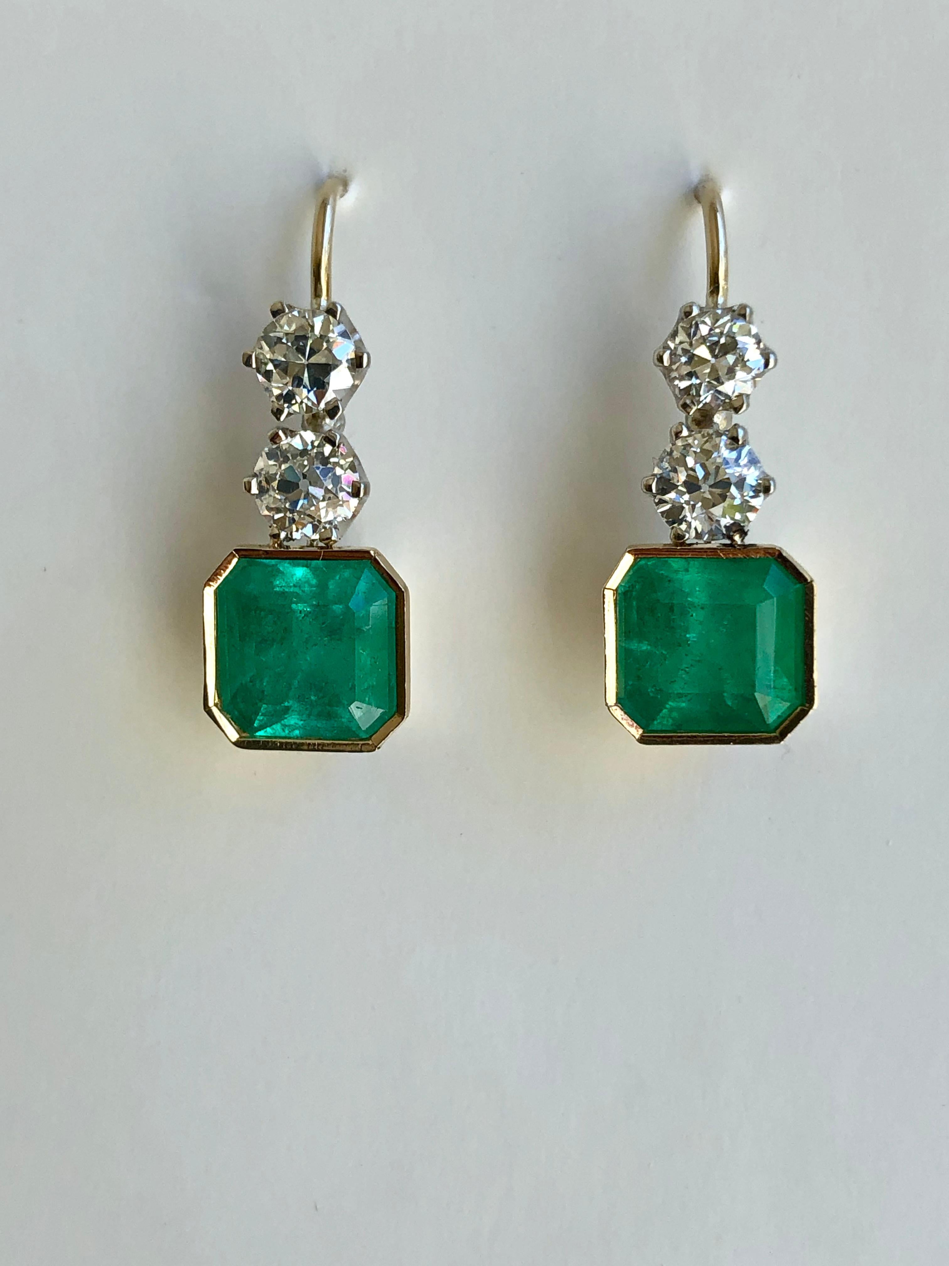 6.60 Carat Colombian Emerald and Old European Diamond Dangle Earrings 1