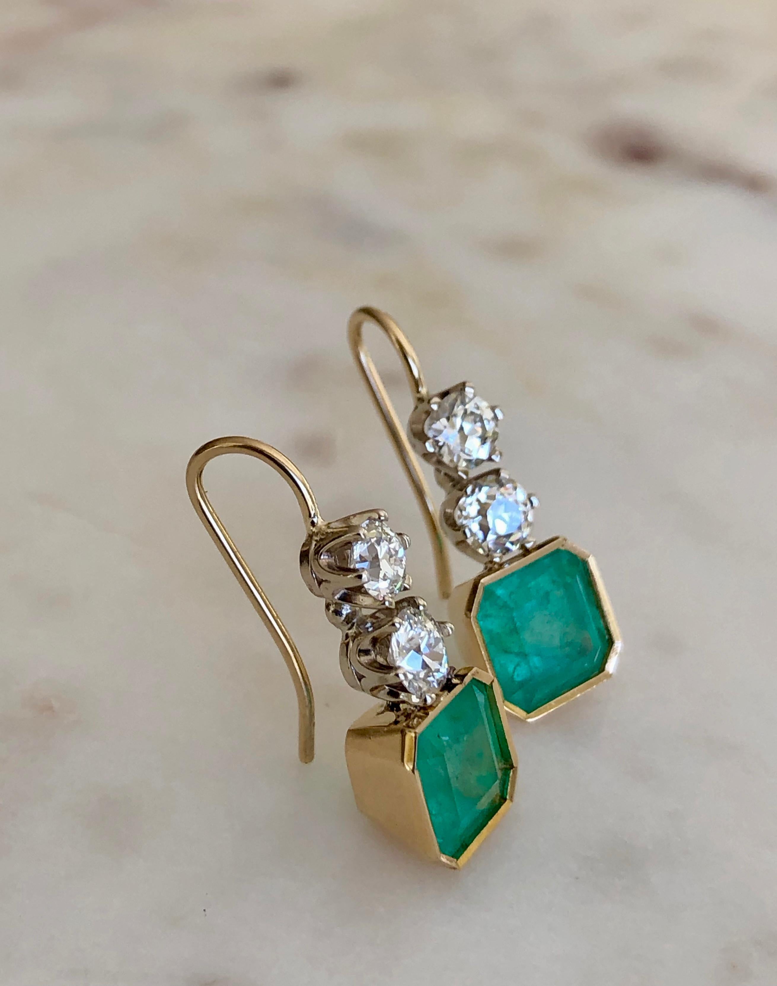 6.60 Carat Colombian Emerald and Old European Diamond Dangle Earrings 3
