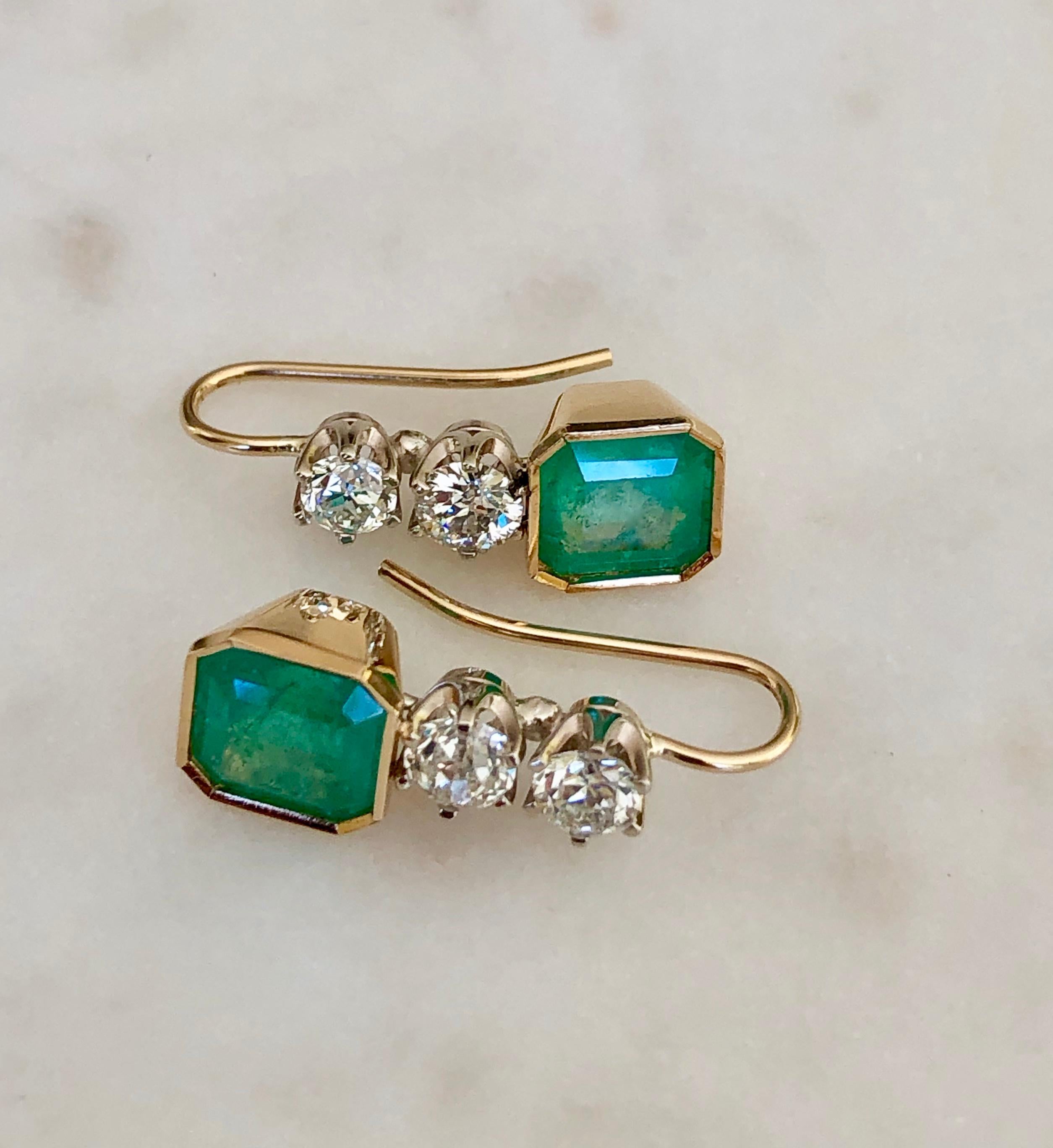 6.60 Carat Colombian Emerald and Old European Diamond Dangle Earrings 7