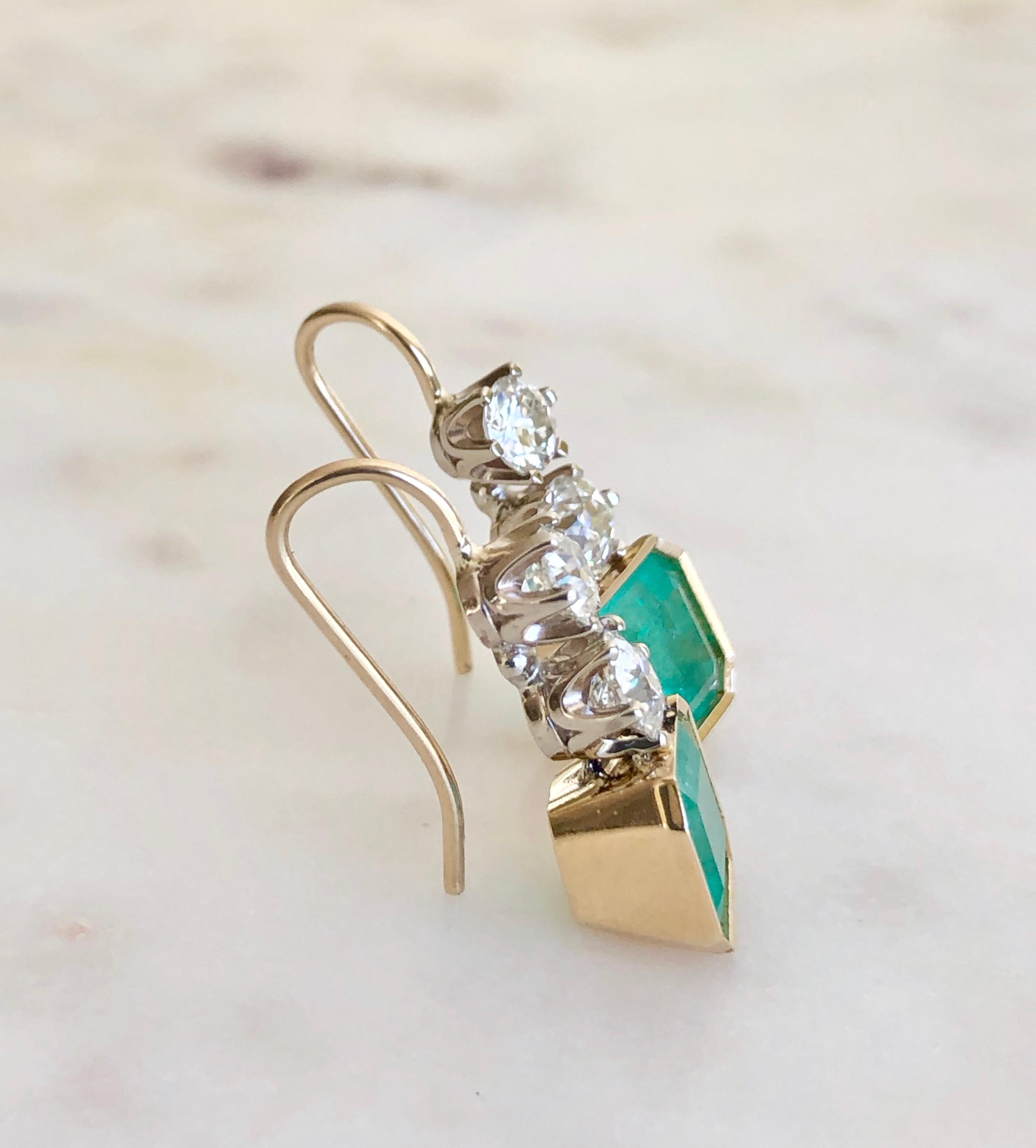 6.60 Carat Colombian Emerald and Old European Diamond Dangle Earrings 4