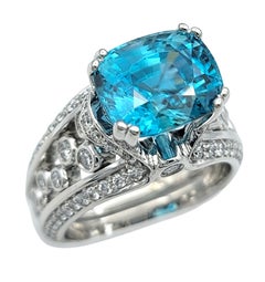 6.60 Carat Cushion Cut Blue Zircon Cocktail Ring with Diamonds in 14K White Gold