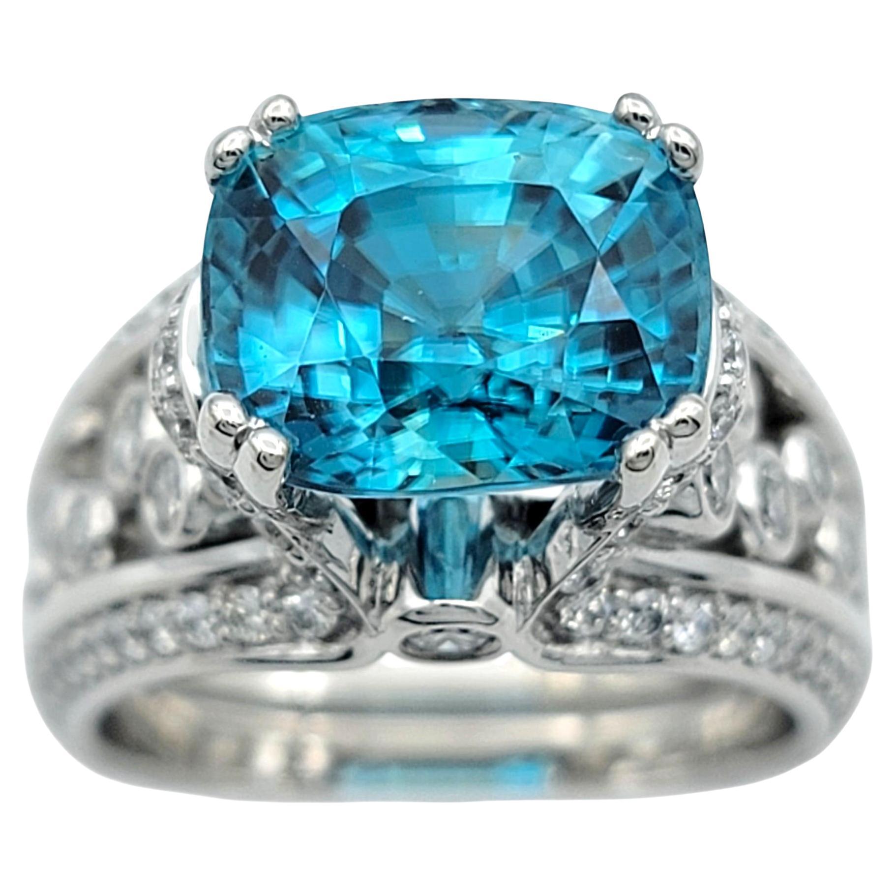 6.60 Carat Cushion Cut Blue Zircon Cocktail Ring with Diamonds in 14K White Gold en vente