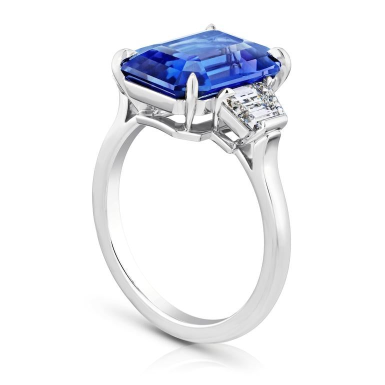 6.60 CT Emerald Blue Sapphire NH with Two Step Cut Trapezoid Diamonds .96 Carats Set in Hand Made Platinum Ring