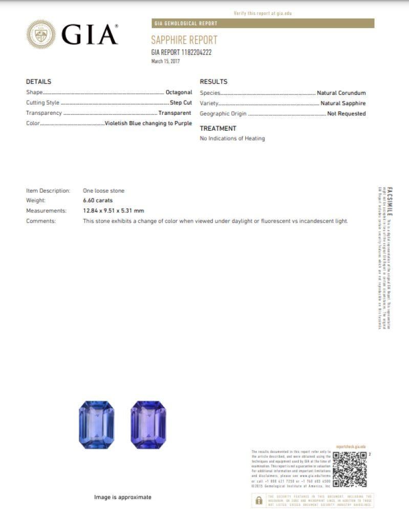 Emerald Cut 6.60 Carat Emerald Blue Sapphire and Diamond Platinum Ring For Sale