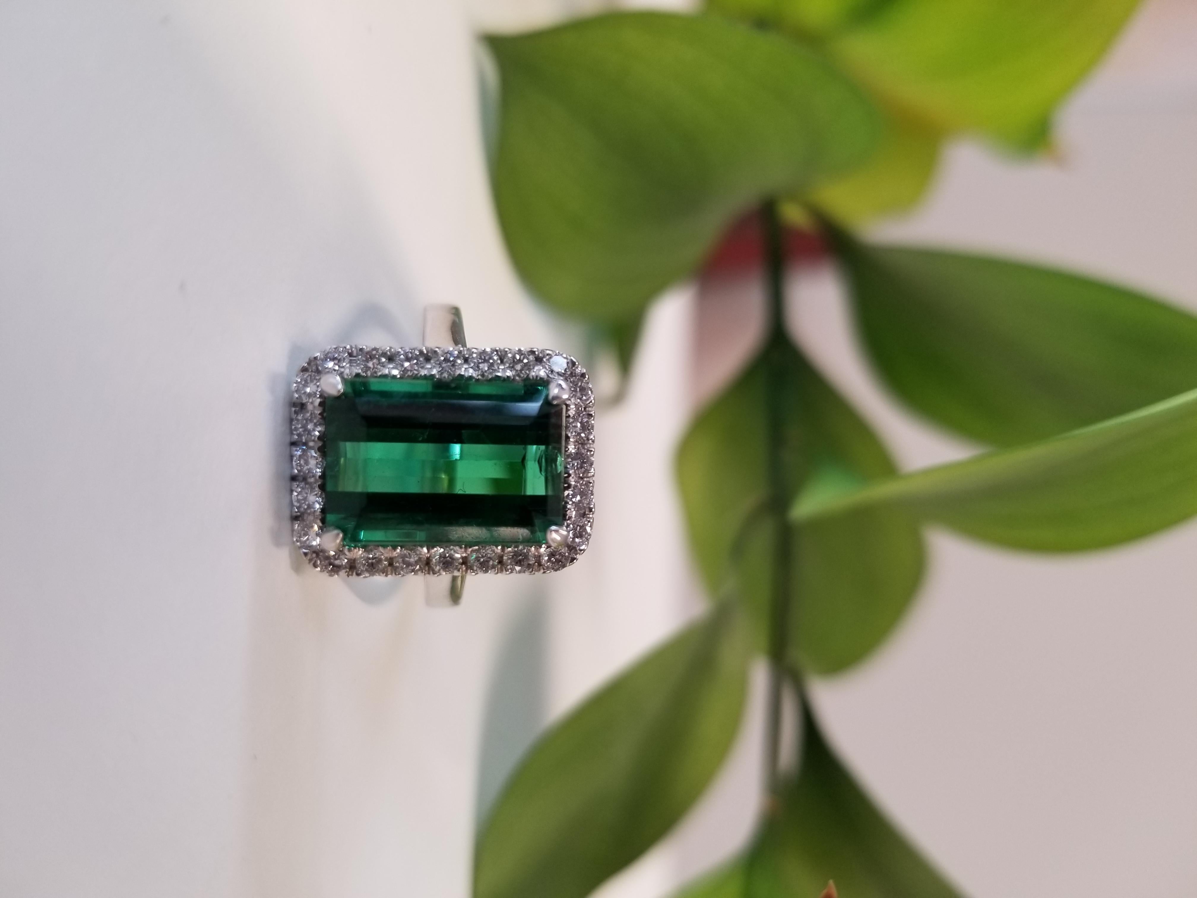 Women's 6.60 Carat Emerald Cut Green Tourmaline and Diamond Cocktail Ring in 18 Karat