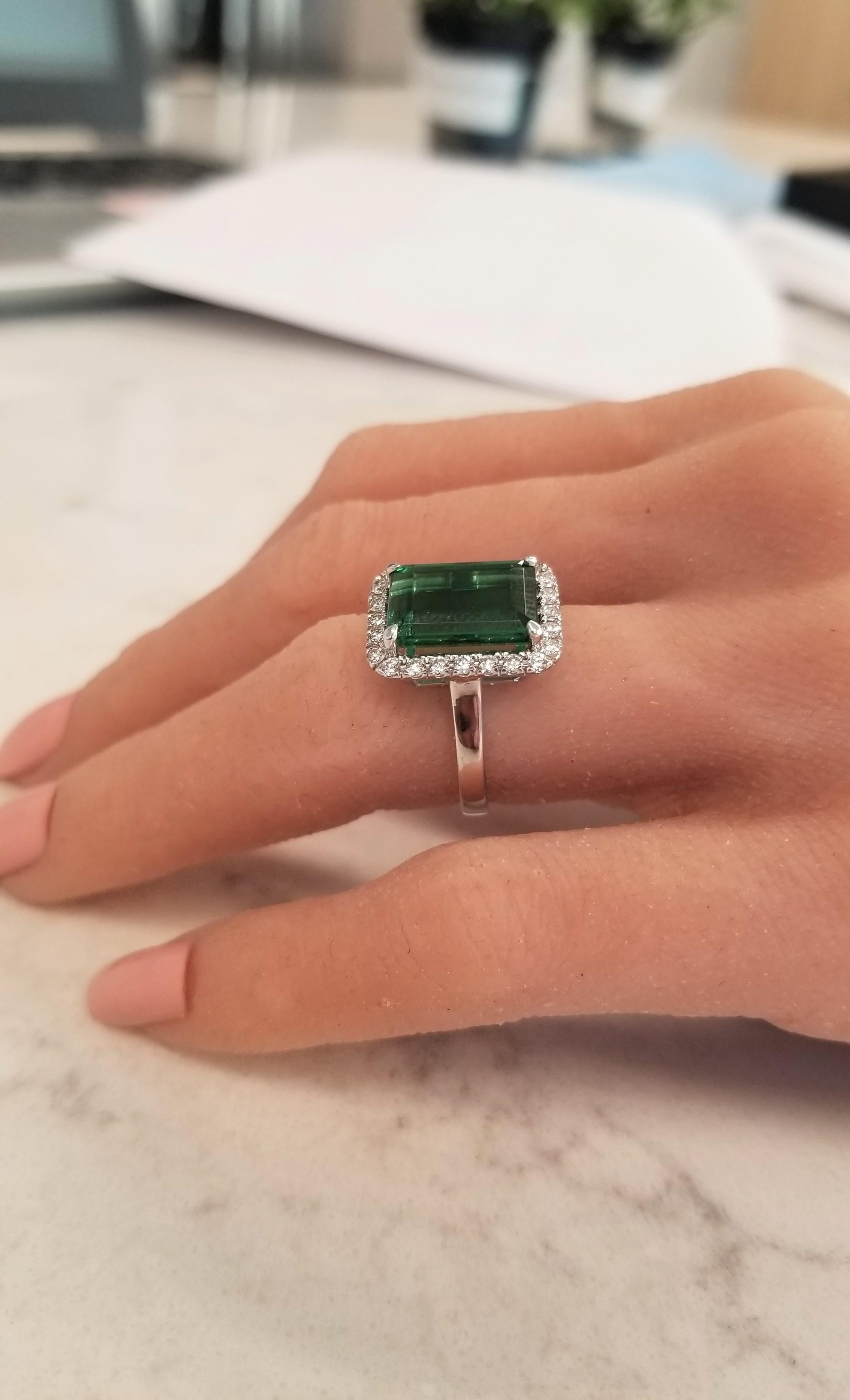 6.60 Carat Emerald Cut Green Tourmaline and Diamond Cocktail Ring in 18 Karat 3