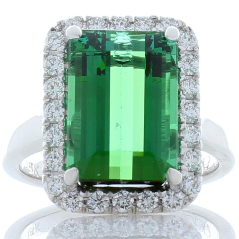 6.60 Carat Emerald Cut Green Tourmaline and Diamond Cocktail Ring in 18 Karat In New Condition In Chicago, IL