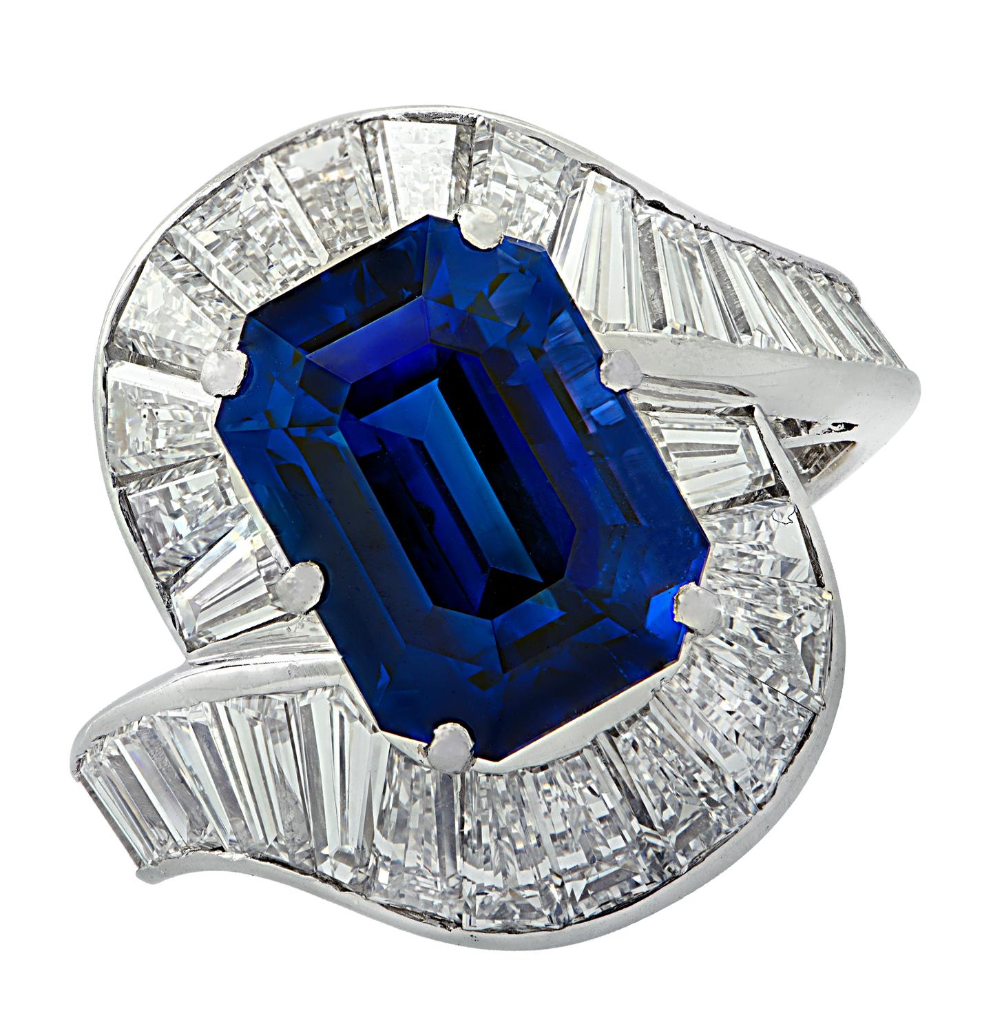 Modern 6.60 Carat Emerald Cut Sapphire and Diamond Cocktail Ring