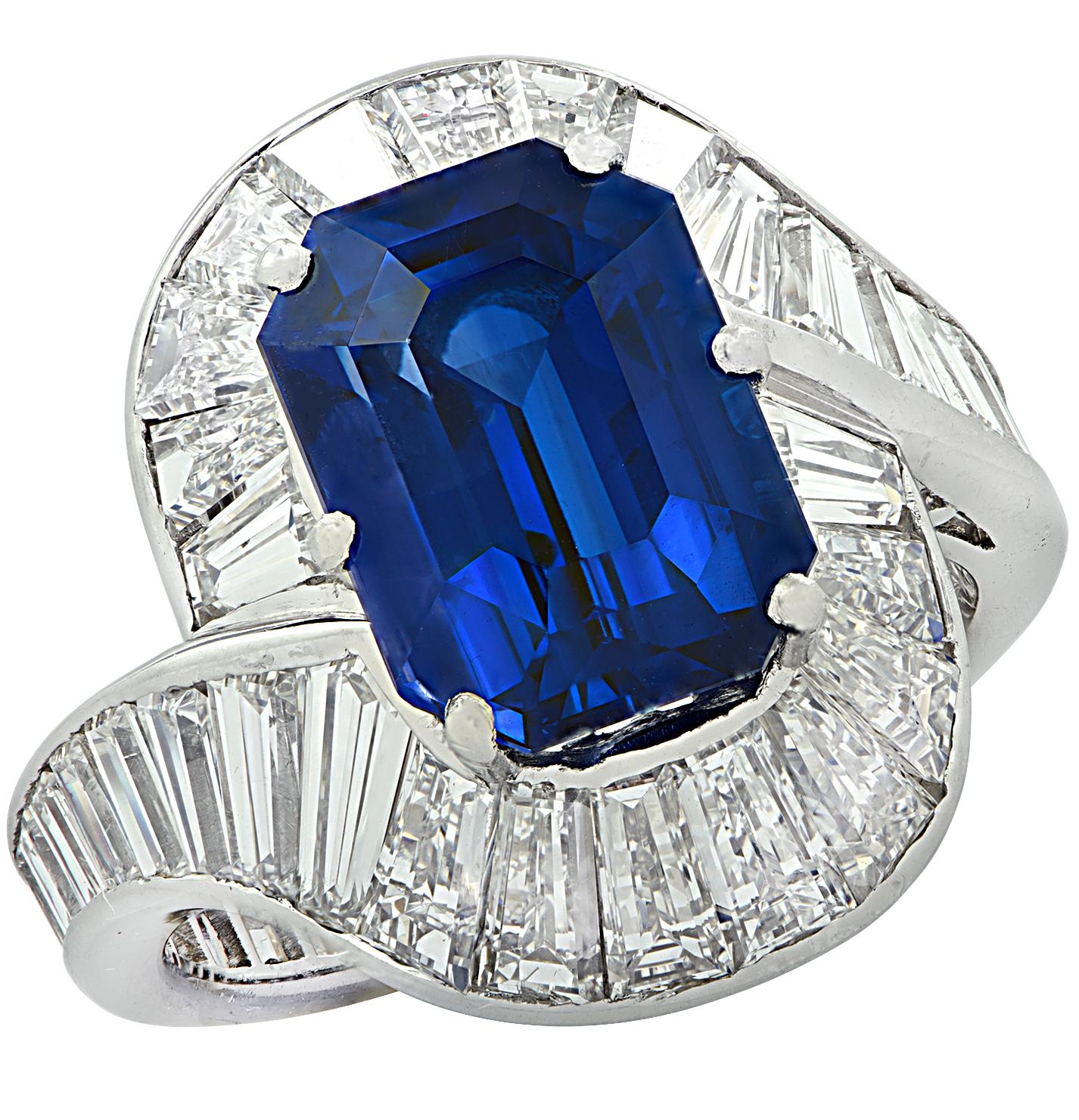 6.60 Carat Emerald Cut Sapphire and Diamond Cocktail Ring 1