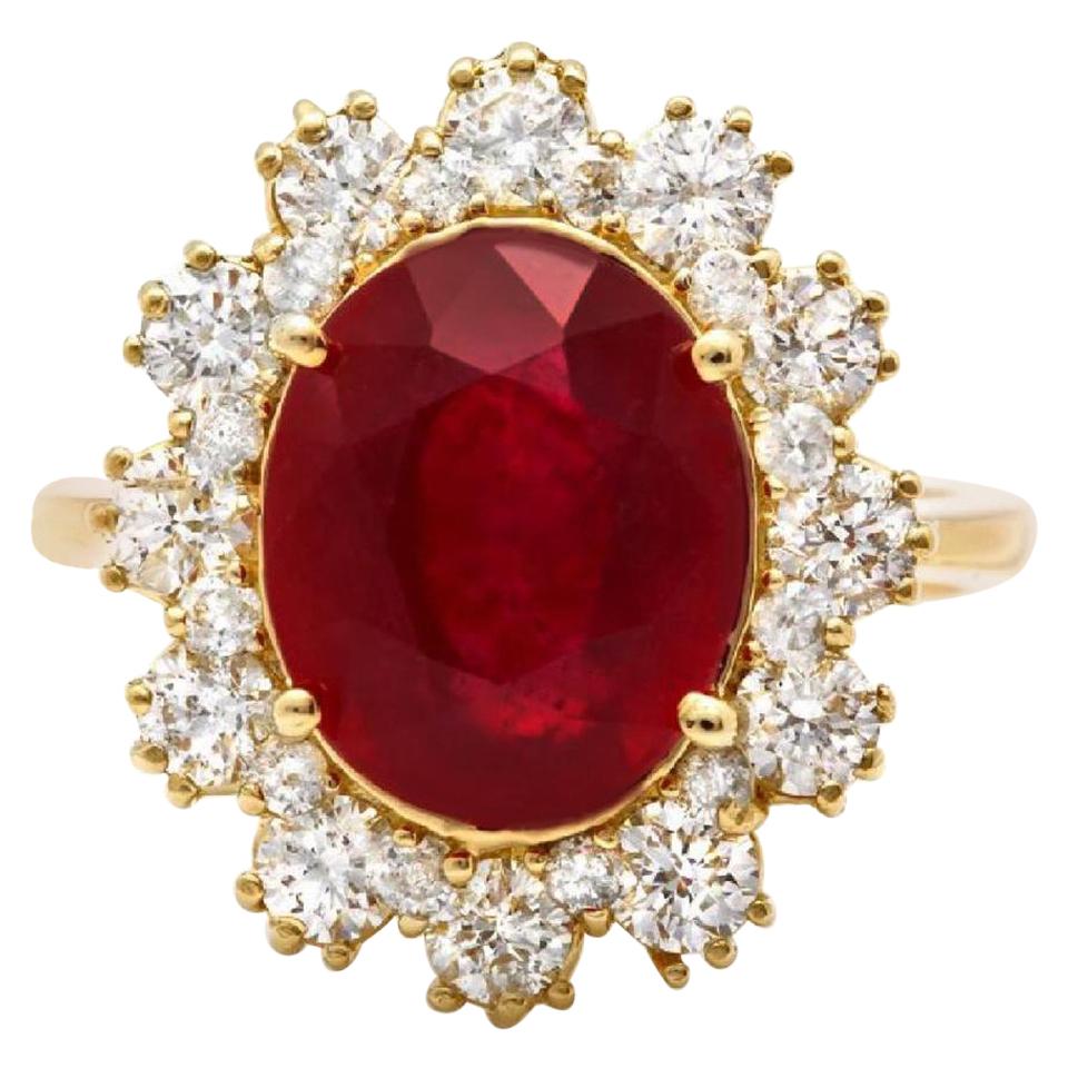 6.60 Carat Impressive Natural Red Ruby and Diamond 14 Karat Yellow Gold Ring For Sale