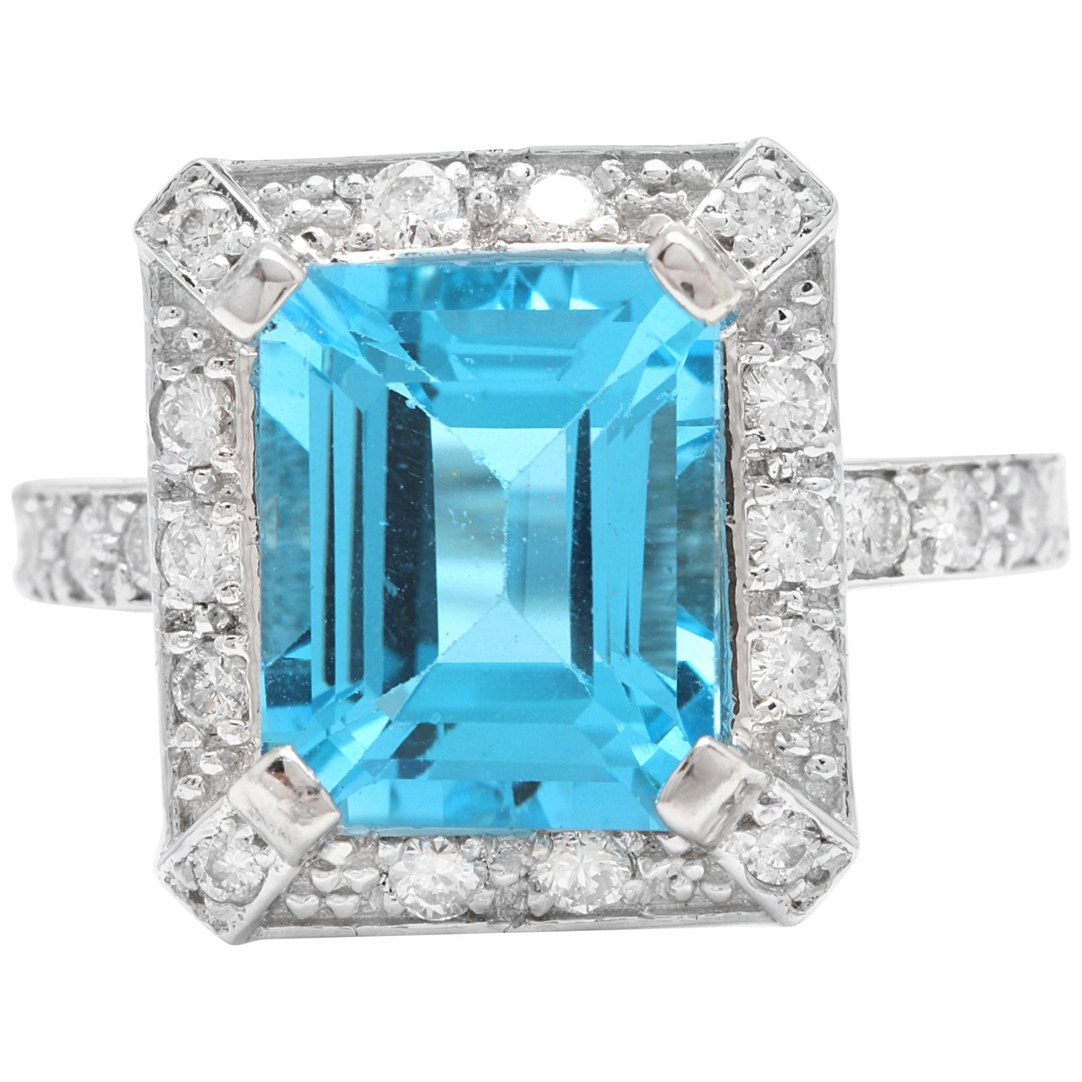 6.60 Carat Natural Swiss Blue Topaz and Diamond 14 Karat Solid White Gold Ring For Sale