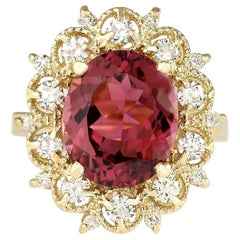 Anillo De Diamantes Turmalina Natural En Oro Amarillo De 14 Quilates
