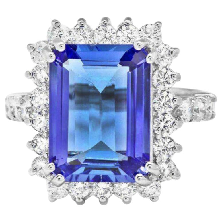 6.60 Carat Natural Very Nice Looking Tanzanite and Diamond 14K Solid White Gold For Sale