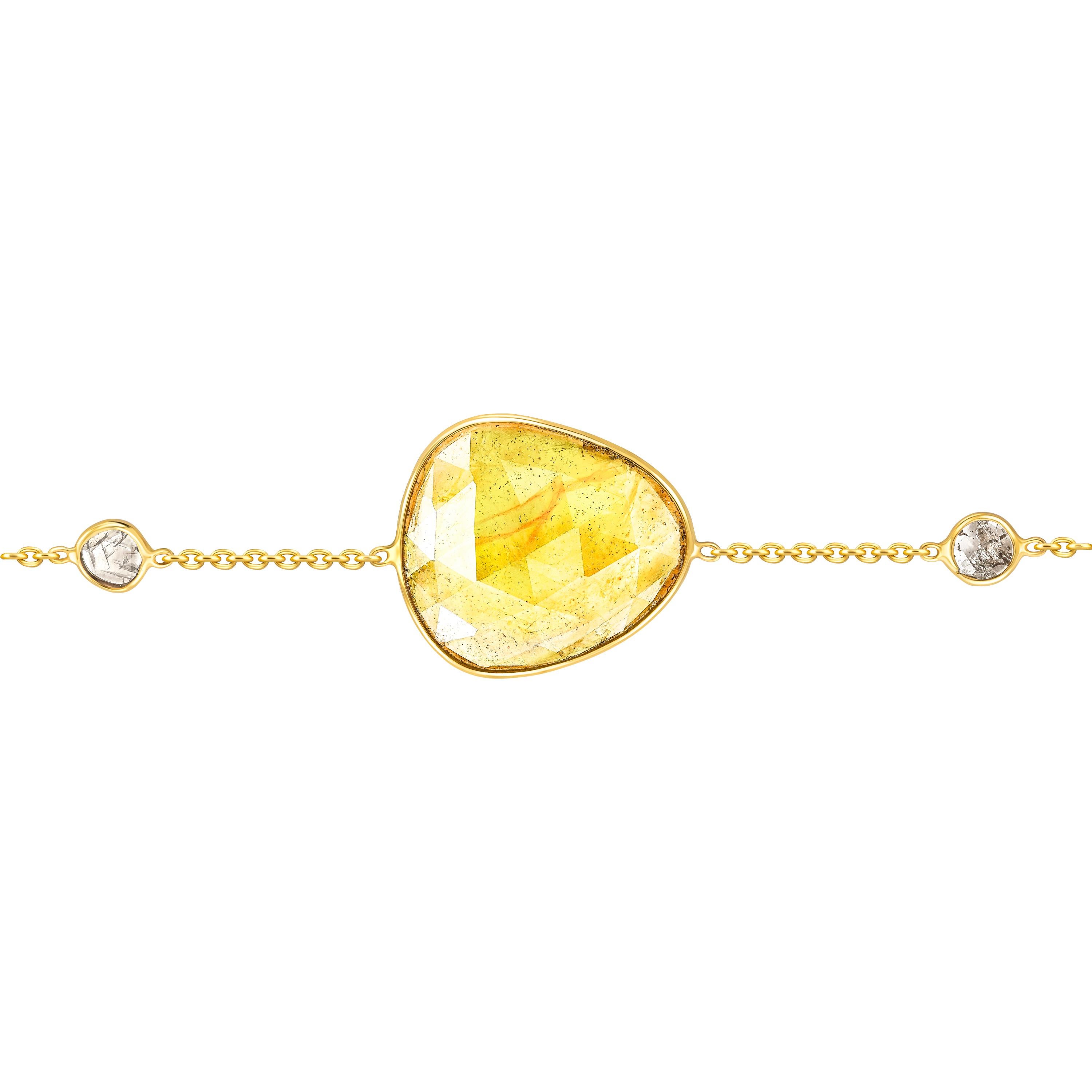 Adorn your wrist with this beautiful 6.50 Carat Rose Cut Yellow Sapphire Bracelet featuring 0.10 Carat in two Diamond slices set in 18 Karat Yellow Gold. Each piece is hand made with a unique shaped precious stone in the center and sides so no two