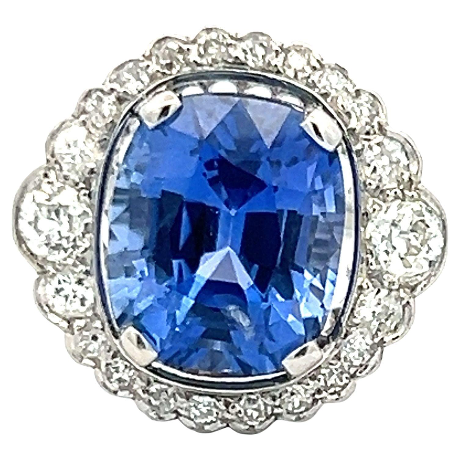 6.60 Carat Sapphire 0.74 Carat Old European Diamond 18K WG Engagement Ring