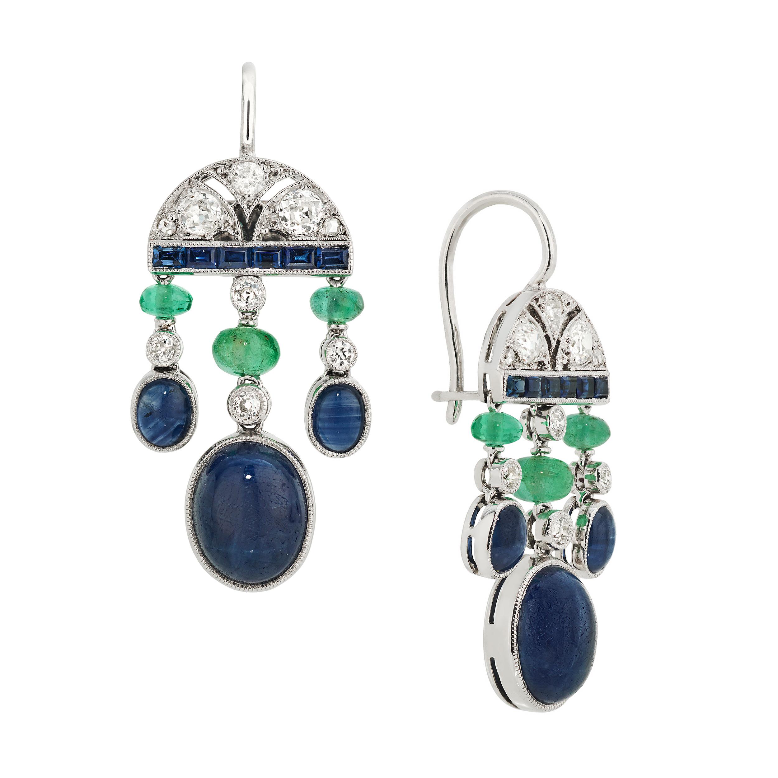 These gorgeous earrings were imagined by the designer alongside a 5-strand necklace also in Sapphires and Emeralds to be found in another listing.

The top of the earrings feature an Art Deco Design in Diamonds and is finished with a line of French