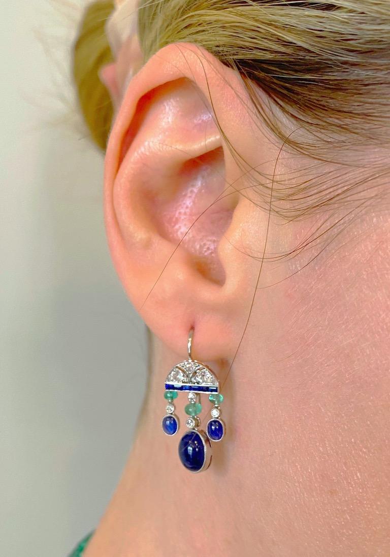 Oval Cut 6.60 Carat Sapphire, Emerald, and Diamond Art Deco Style Earrings in Platinum For Sale
