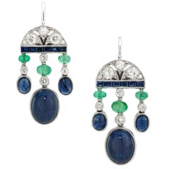 Antique 6.60 Carat Sapphire, Emerald, and Diamond Art Deco Style Earrings in Platinum