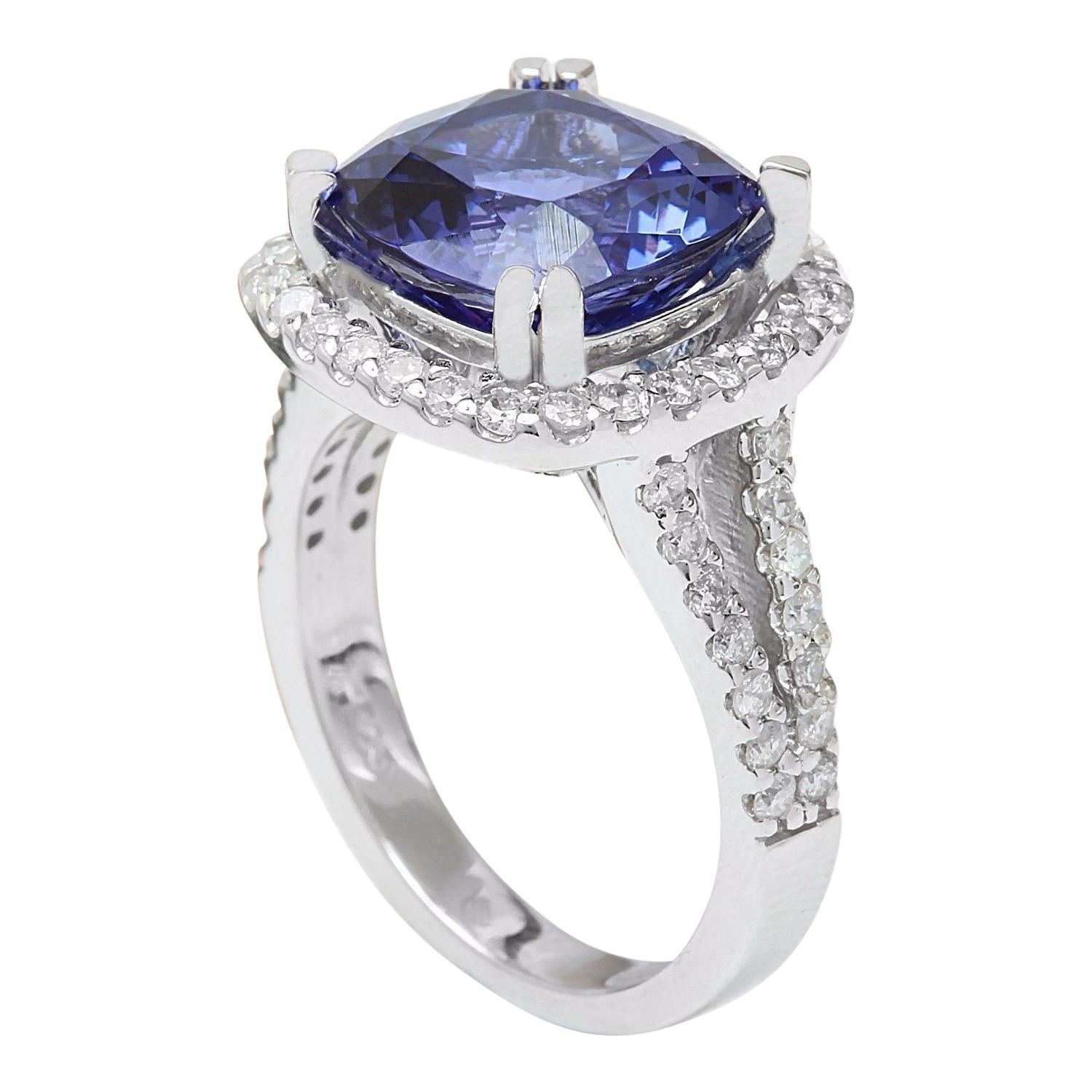 Cushion Cut Natural Tanzanite Diamond Ring In 14 Karat Solid White Gold  For Sale