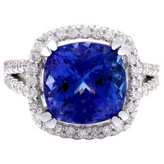 Bague en or blanc massif 14 carats avec tanzanite naturelle et diamant 