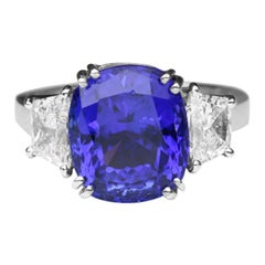 6.60 Carat Tanzanite Cushion and Diamond Platinum Ring Estate Fine Jewelry