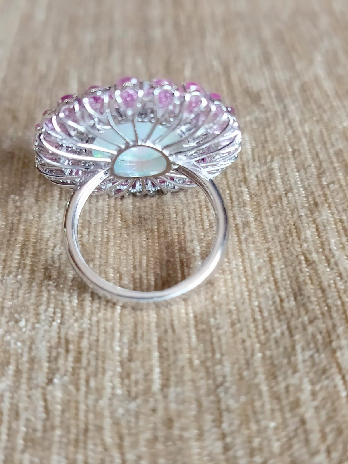 Art Deco 6.60 carats Ethiopian Opal , Pink Sapphires & Rose Cut Diamonds Cocktail Ring For Sale