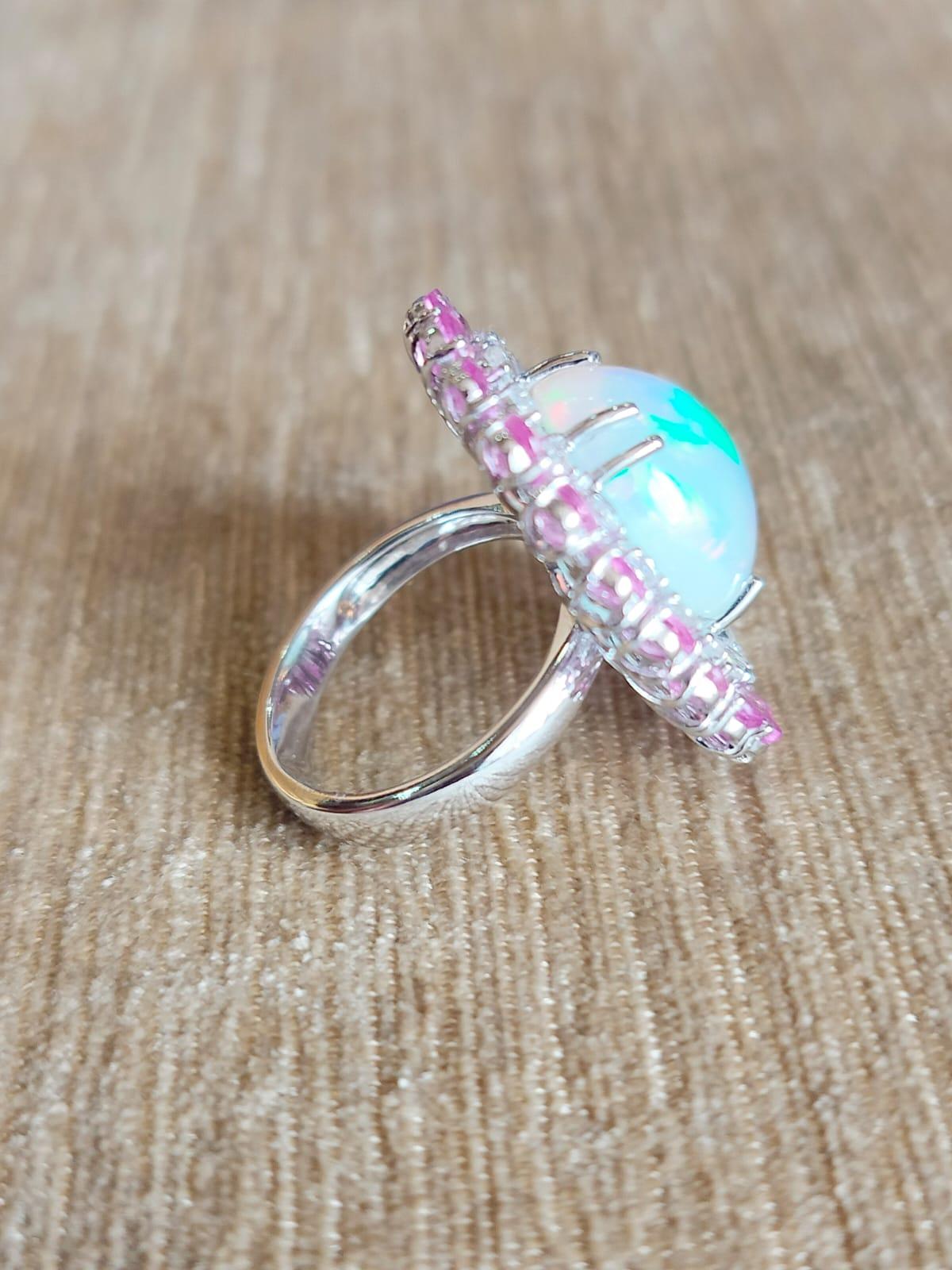 Round Cut 6.60 carats Ethiopian Opal , Pink Sapphires & Rose Cut Diamonds Cocktail Ring For Sale