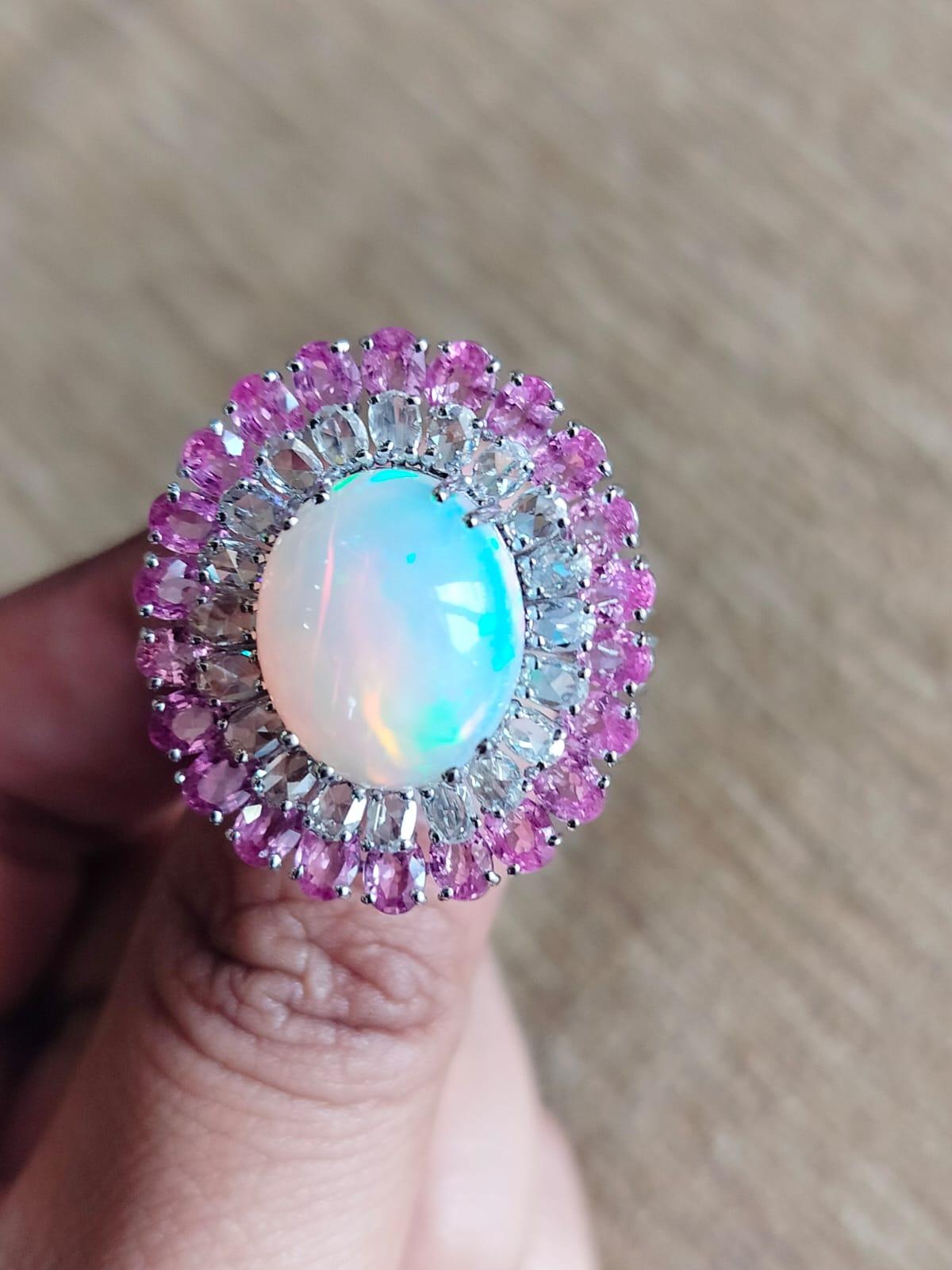 6.60 carats Ethiopian Opal , Pink Sapphires & Rose Cut Diamonds Cocktail Ring In New Condition For Sale In Hong Kong, HK
