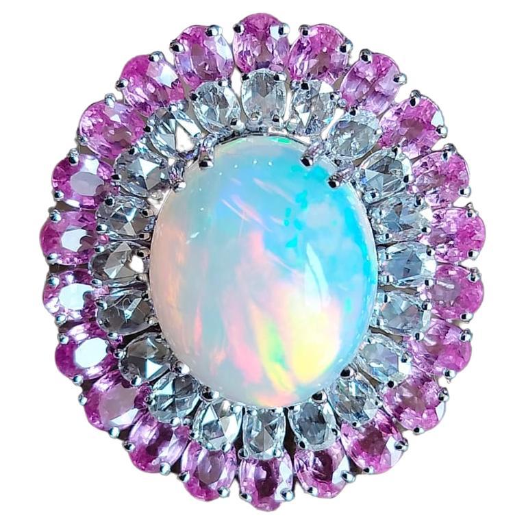 6.60 carats Ethiopian Opal , Pink Sapphires & Rose Cut Diamonds Cocktail Ring For Sale