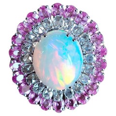6.60 carats Ethiopian Opal , Pink Sapphires & Rose Cut Diamonds Cocktail Ring