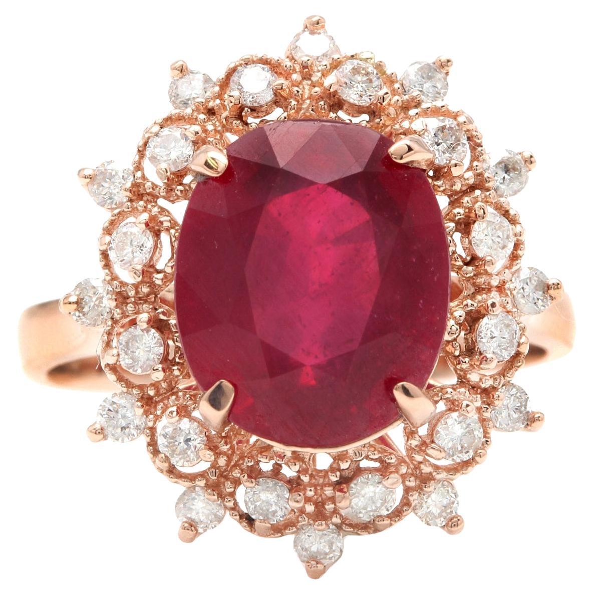 6.60 Carats Impressive Red Ruby and Diamond 14K Rose Gold Ring For Sale