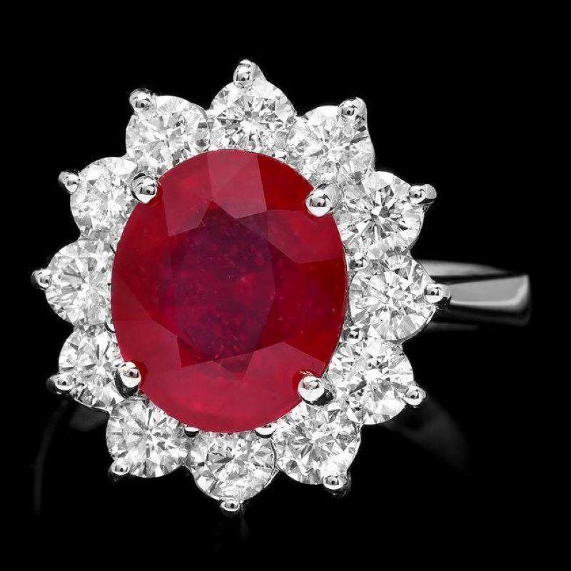 Mixed Cut 6.60 Carats Natural Red Ruby and Diamond 14K Solid White Gold Ring For Sale