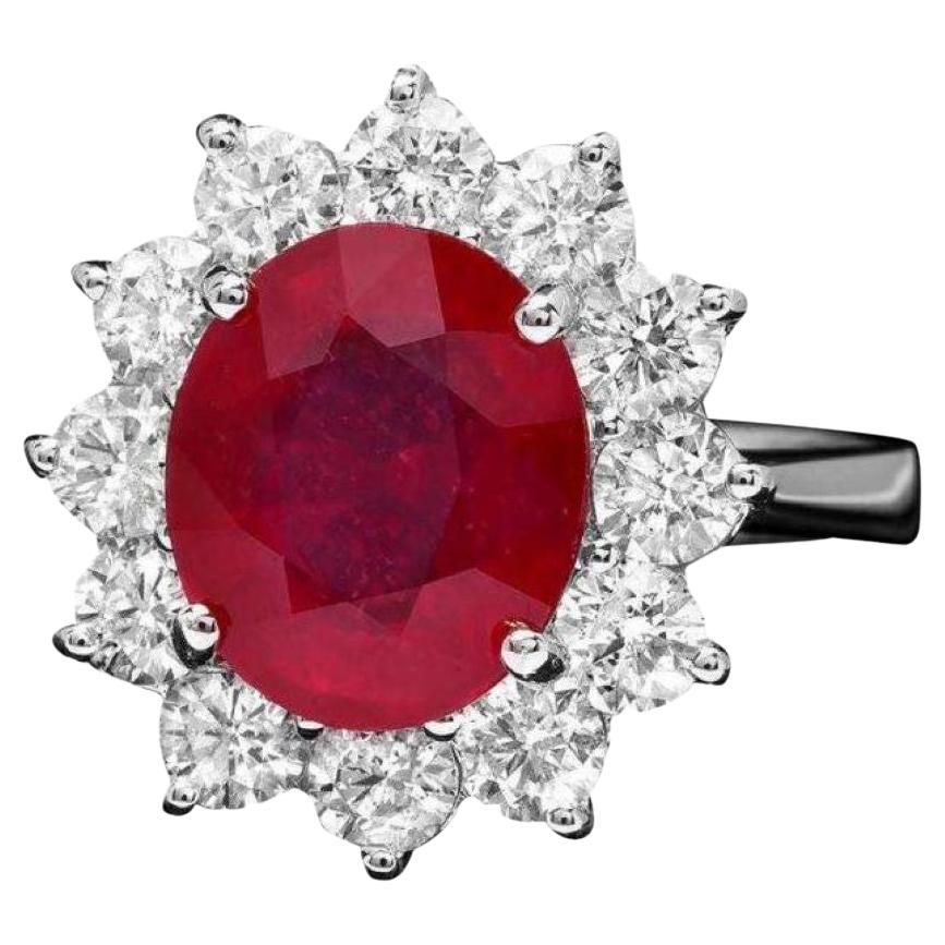 6.60 Carats Natural Red Ruby and Diamond 14K Solid White Gold Ring For Sale